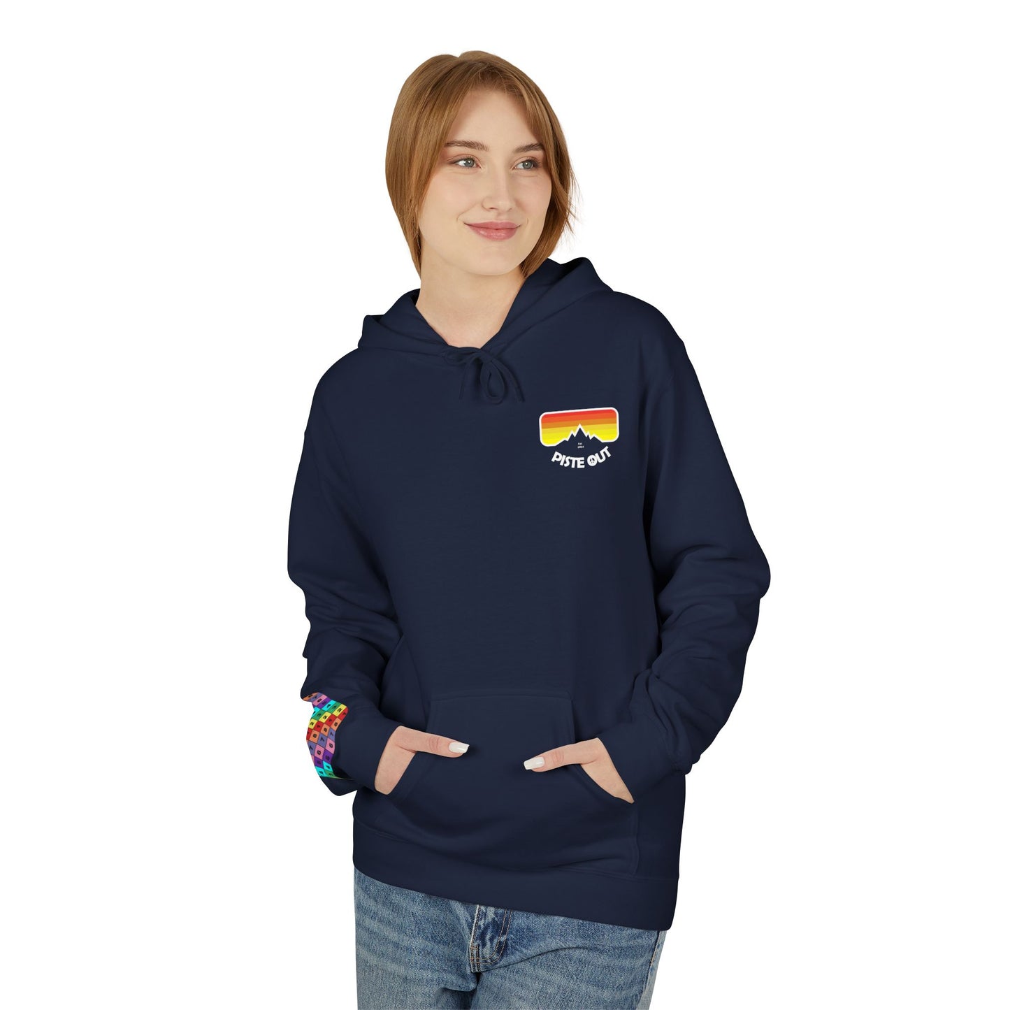 Model wearing navy hoodie, front view showing retro chest logo