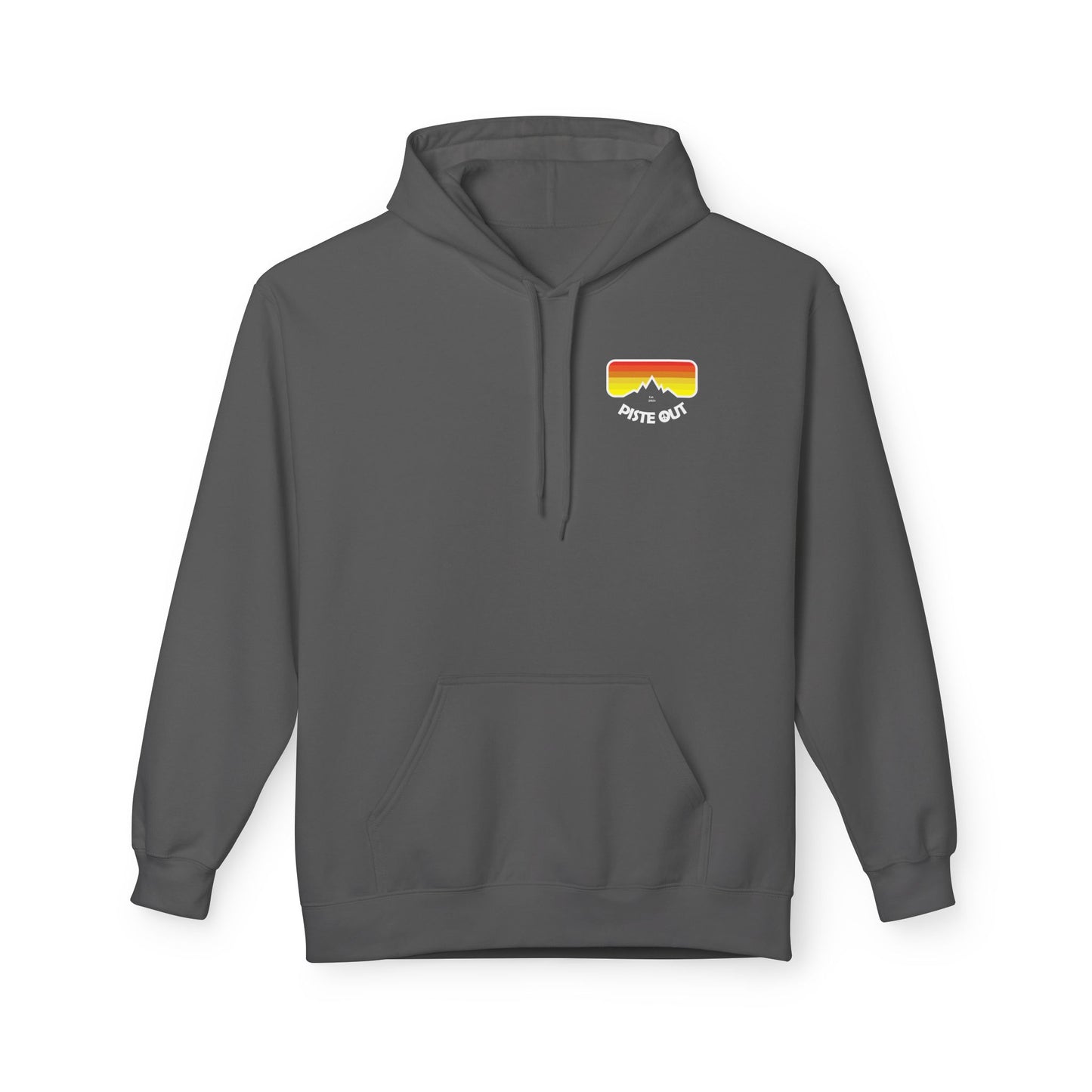 Front of charcoal hoodie with retro chest logo