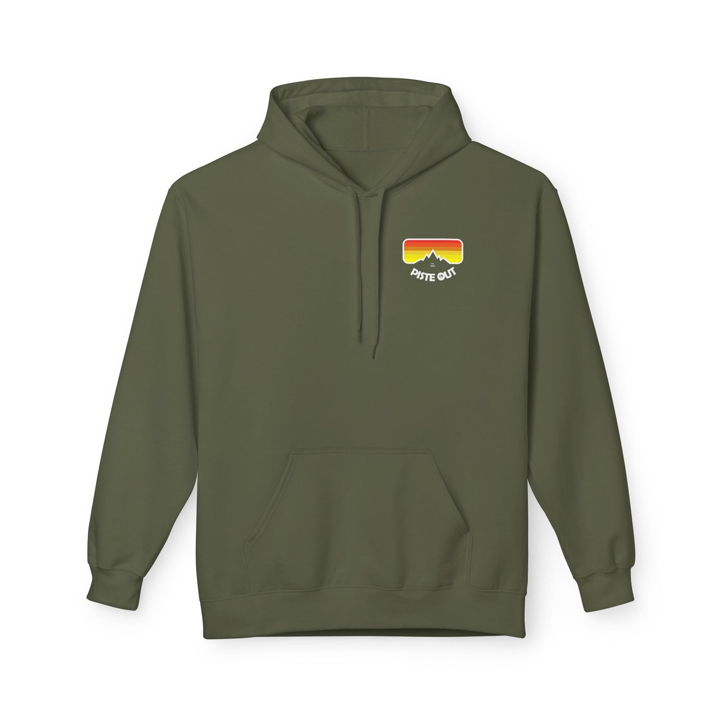 Front of olive green hoodie with retro chest logo