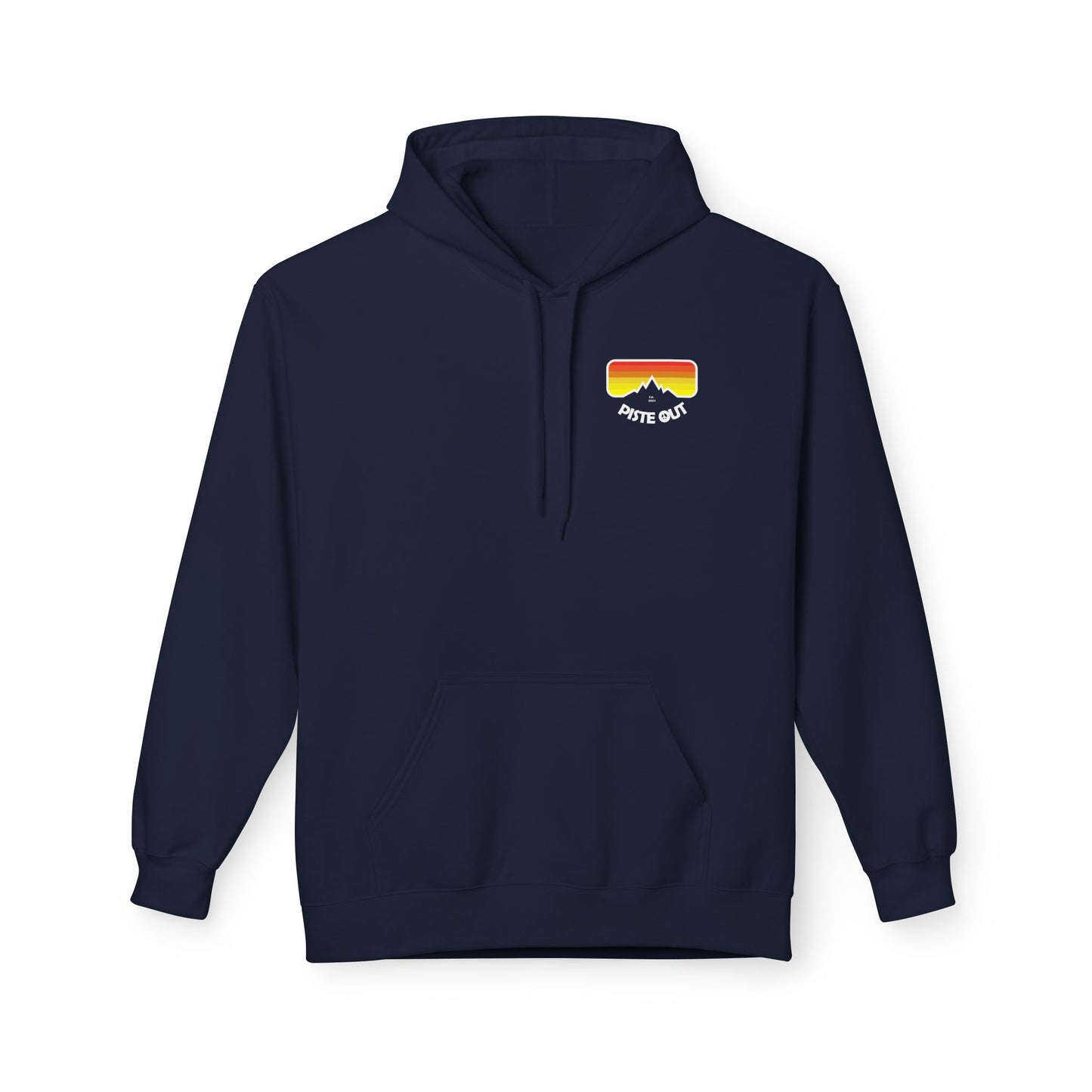Front of navy hoodie with retro chest logo