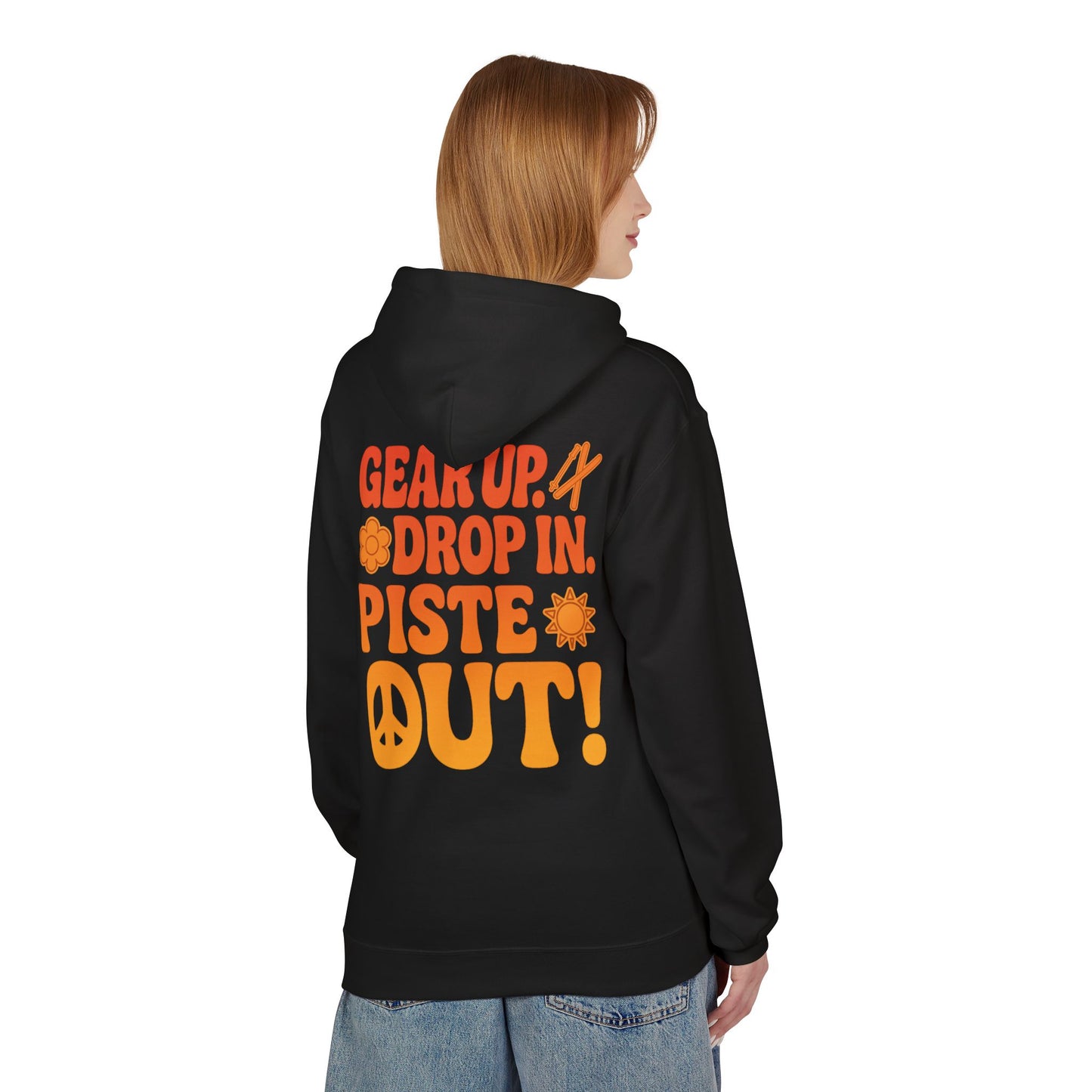 Model wearing black hoodie, back view with full slogan design