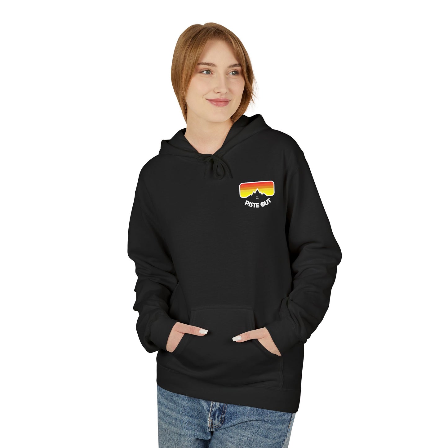Model wearing black hoodie, front view showing retro chest logo