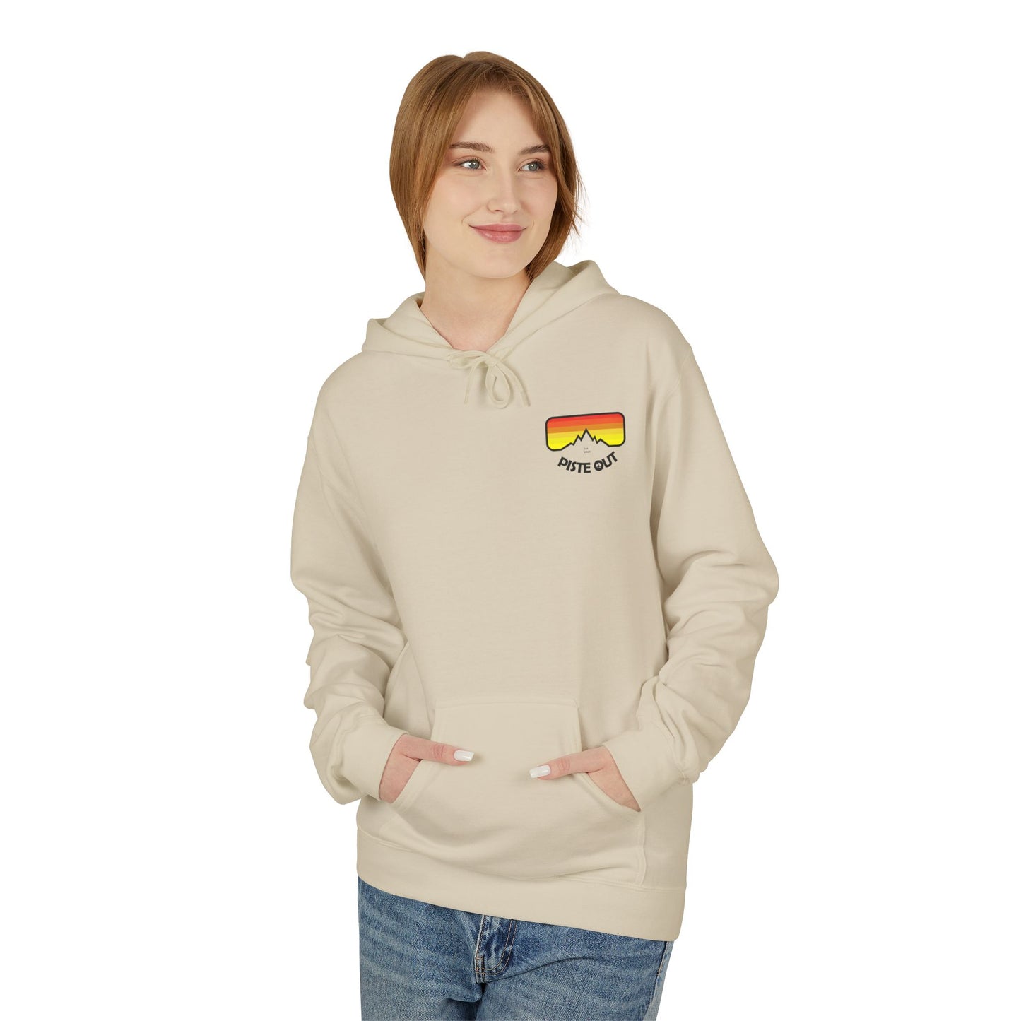 Model wearing cream hoodie, front view showing retro chest logo