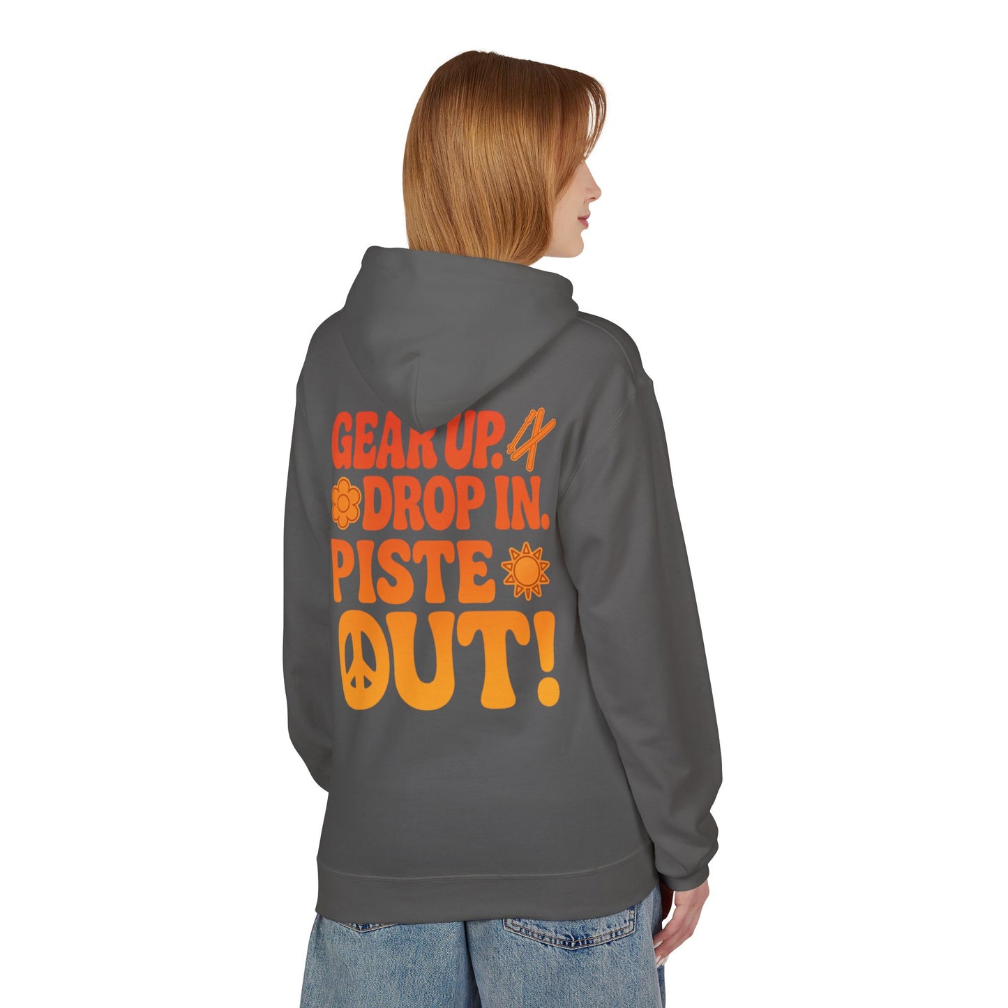Model wearing charcoal hoodie, back view showing slogan design
