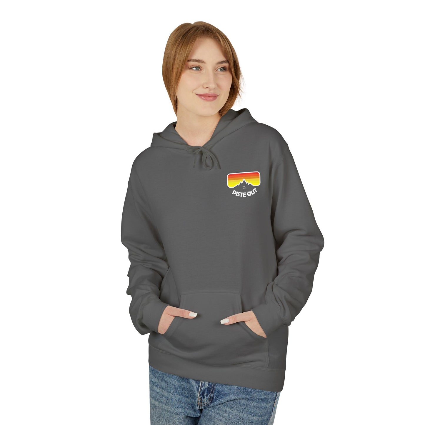 Model wearing charcoal hoodie, front view showing retro chest logo