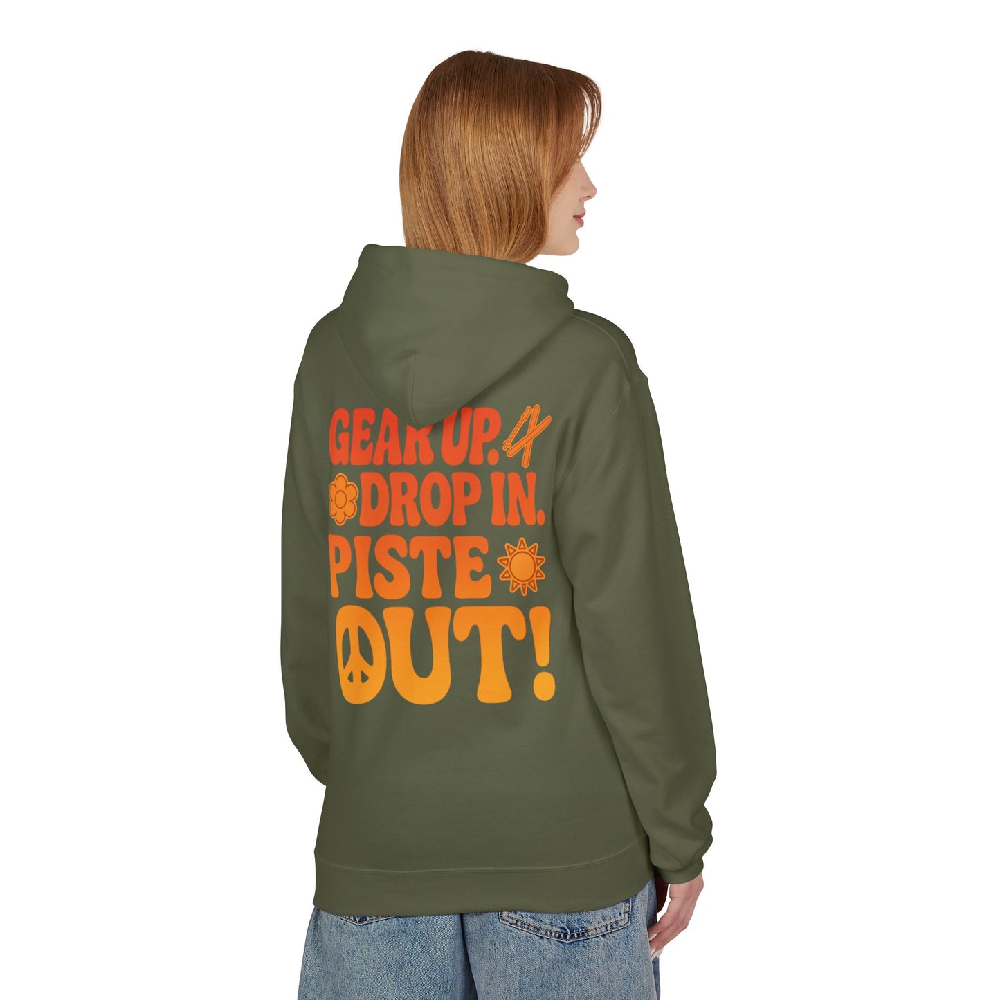Model wearing olive green hoodie, back view showing full manifesto design