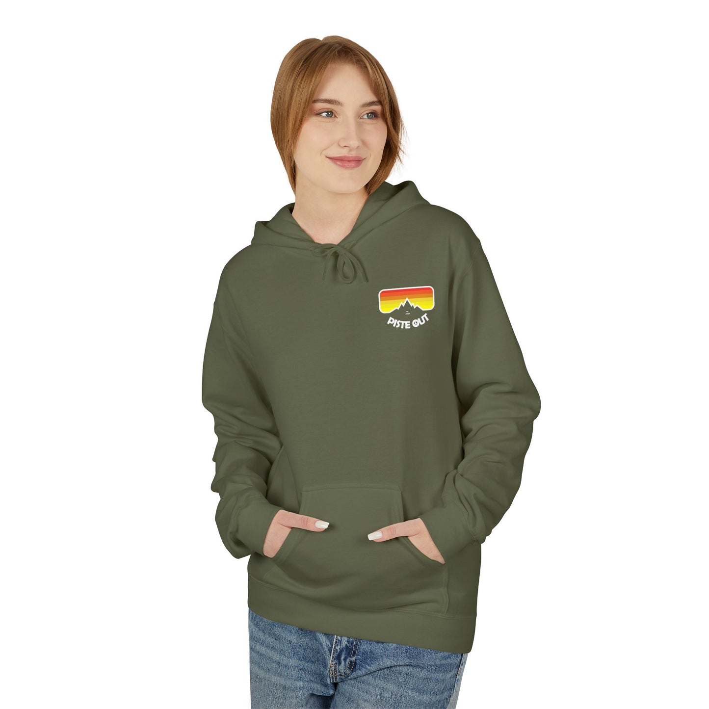 Model wearing olive green hoodie, front view showing retro chest logo