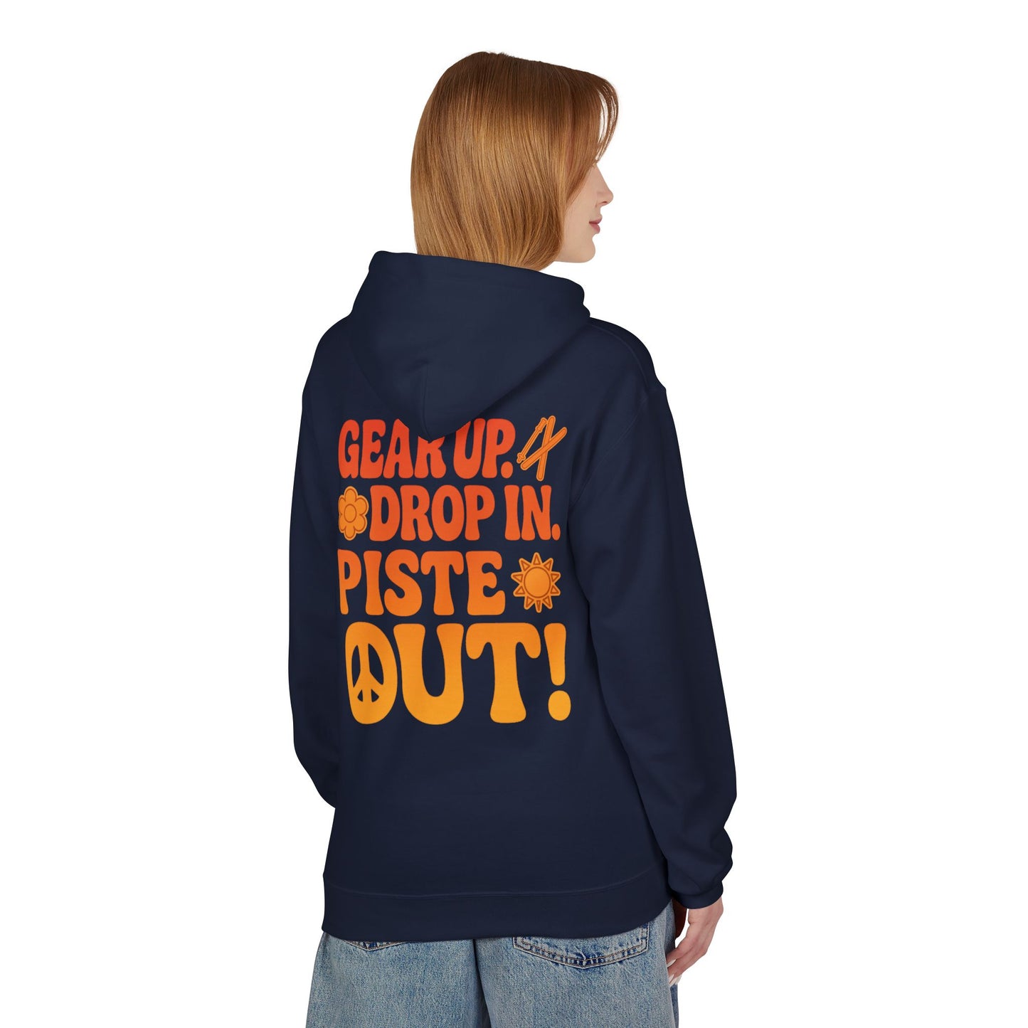 Model wearing navy hoodie, back view with slogan print
