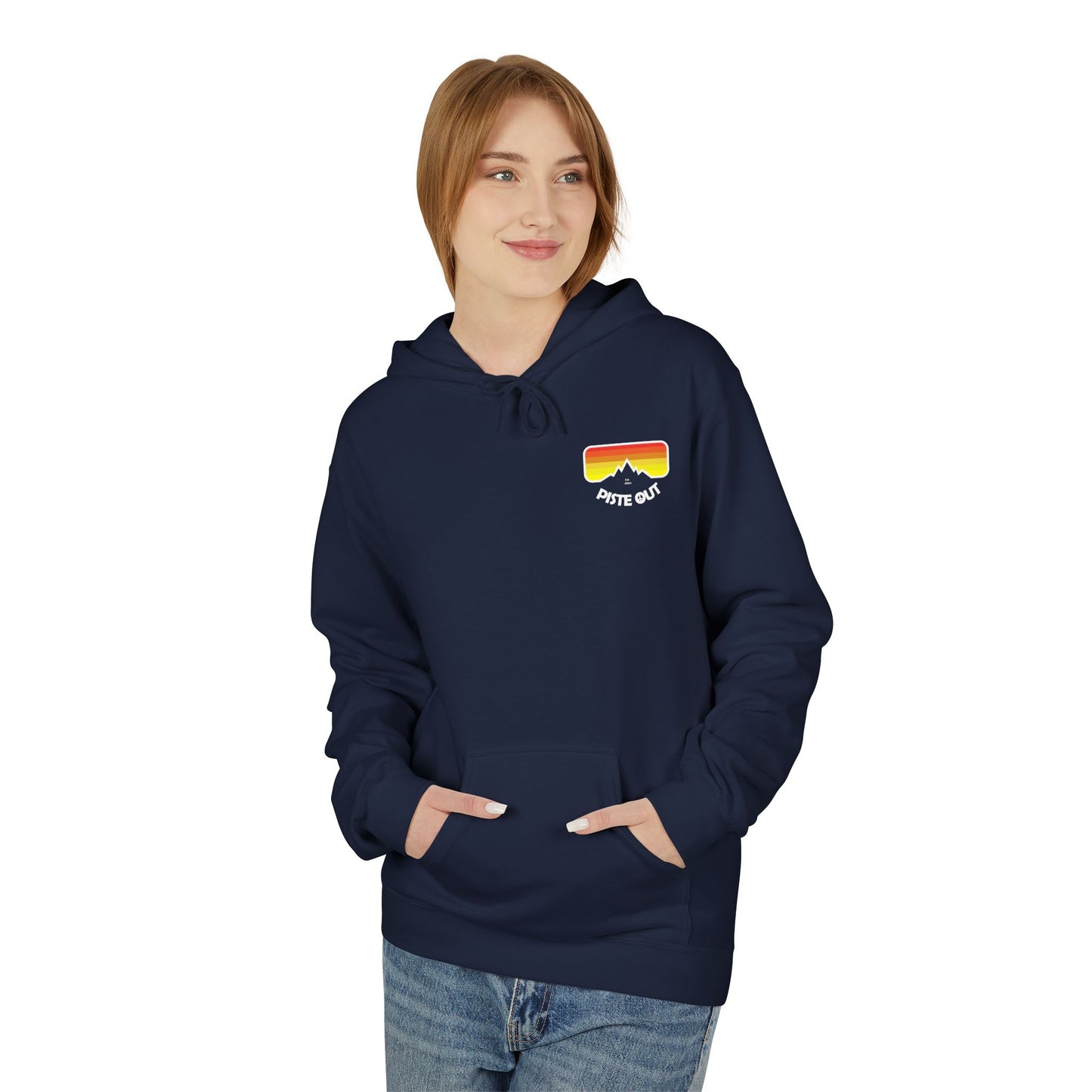 Model wearing navy hoodie, front view showing retro chest logo