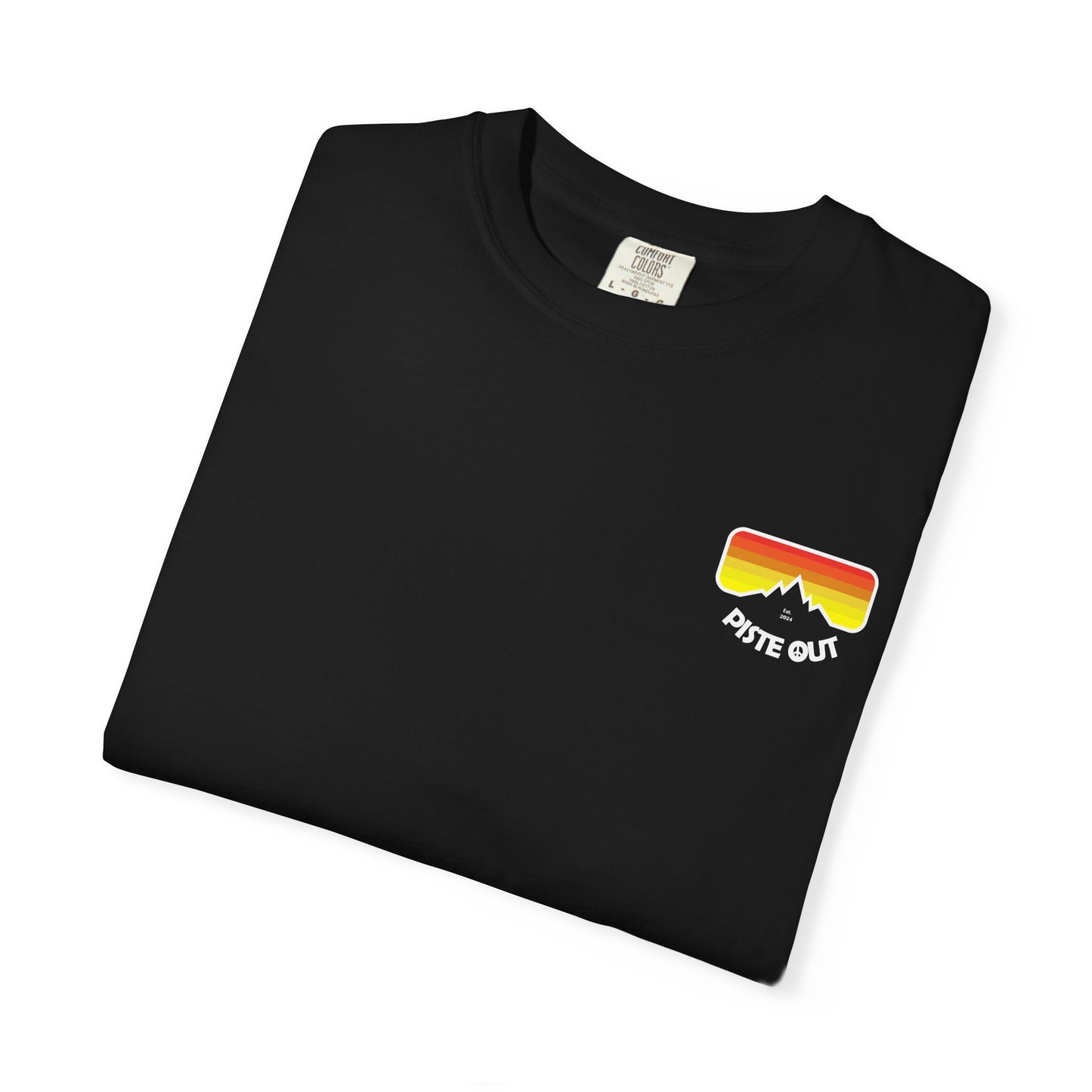 Black tee folded flat showing retro chest logo