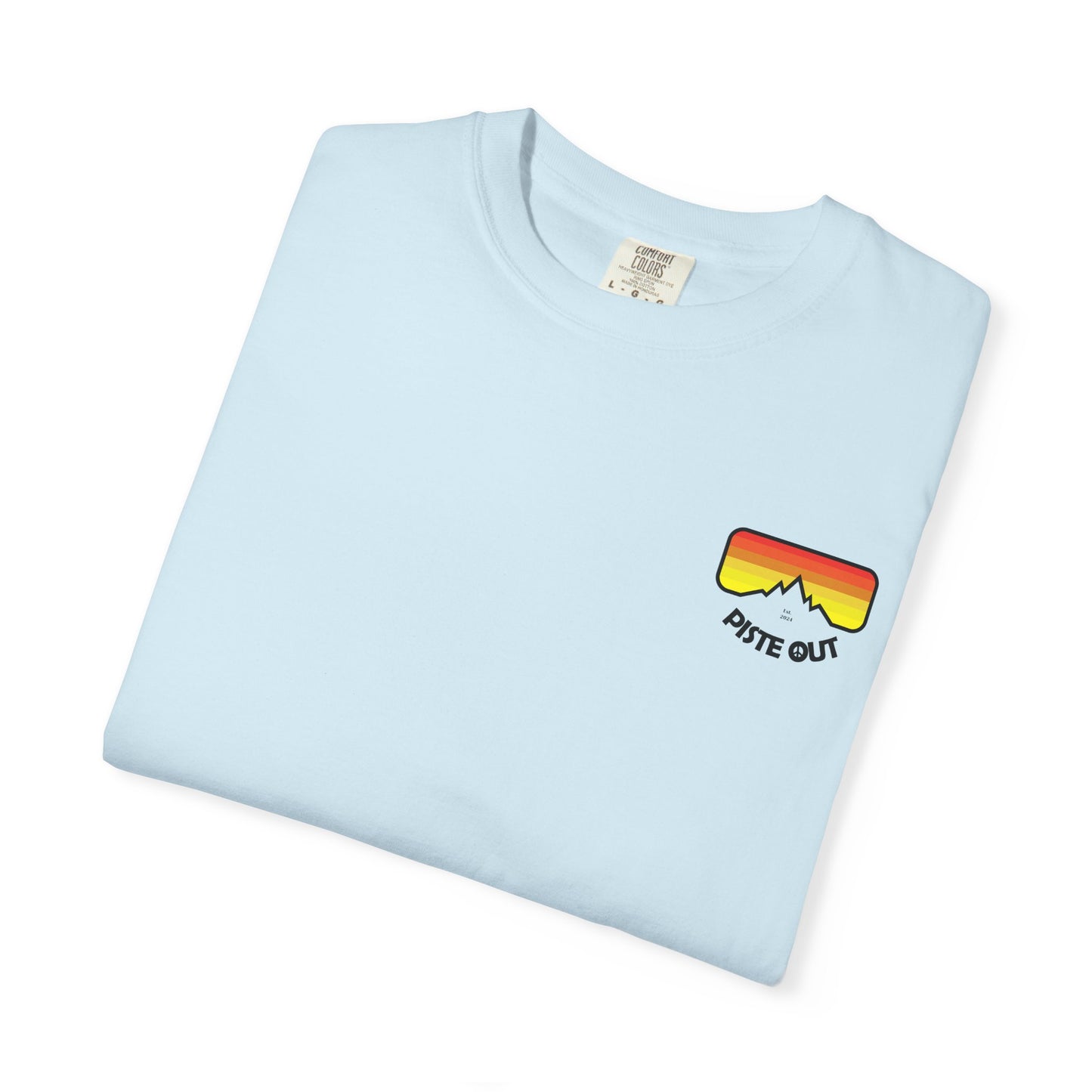 Light blue tee folded flat showing retro chest logo