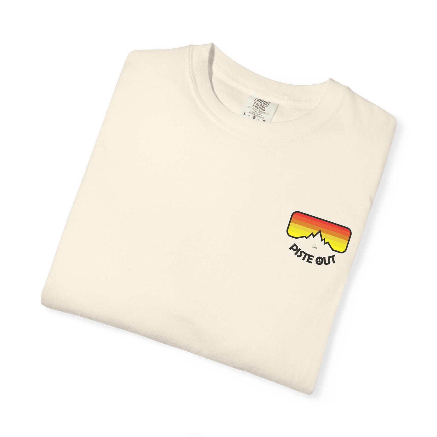 Cream tee folded flat showing retro chest logo
