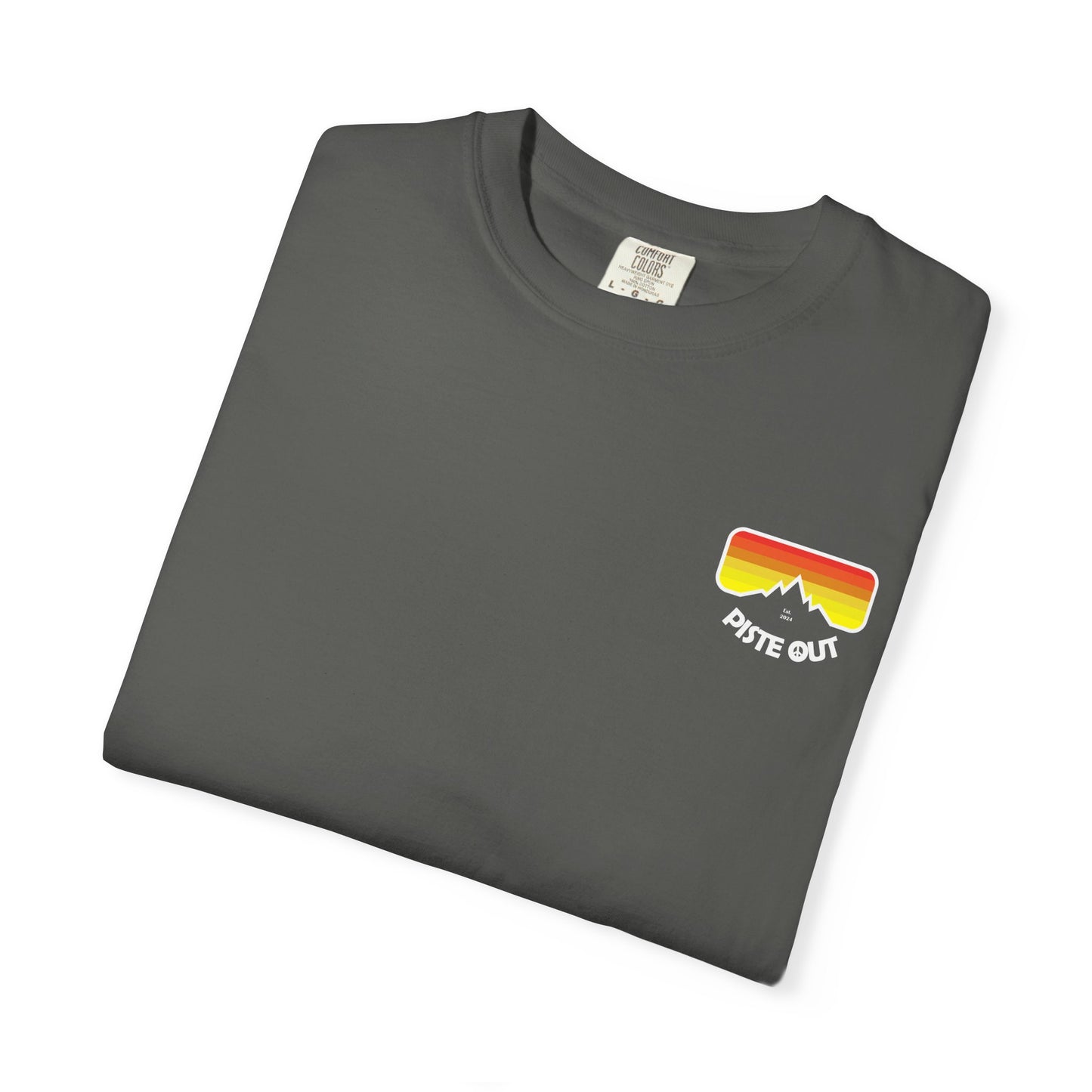 Charcoal tee folded flat showing retro chest logo