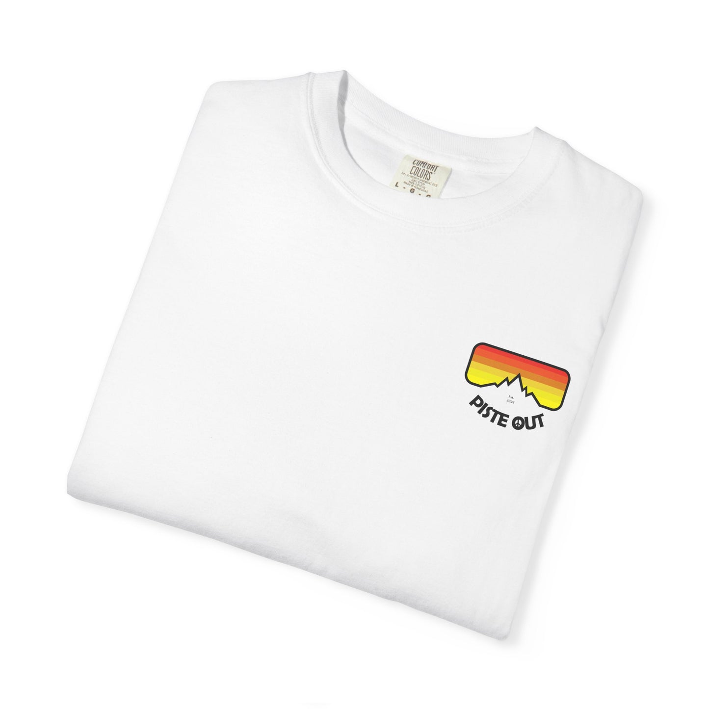 White tee folded flat showing retro chest logo
