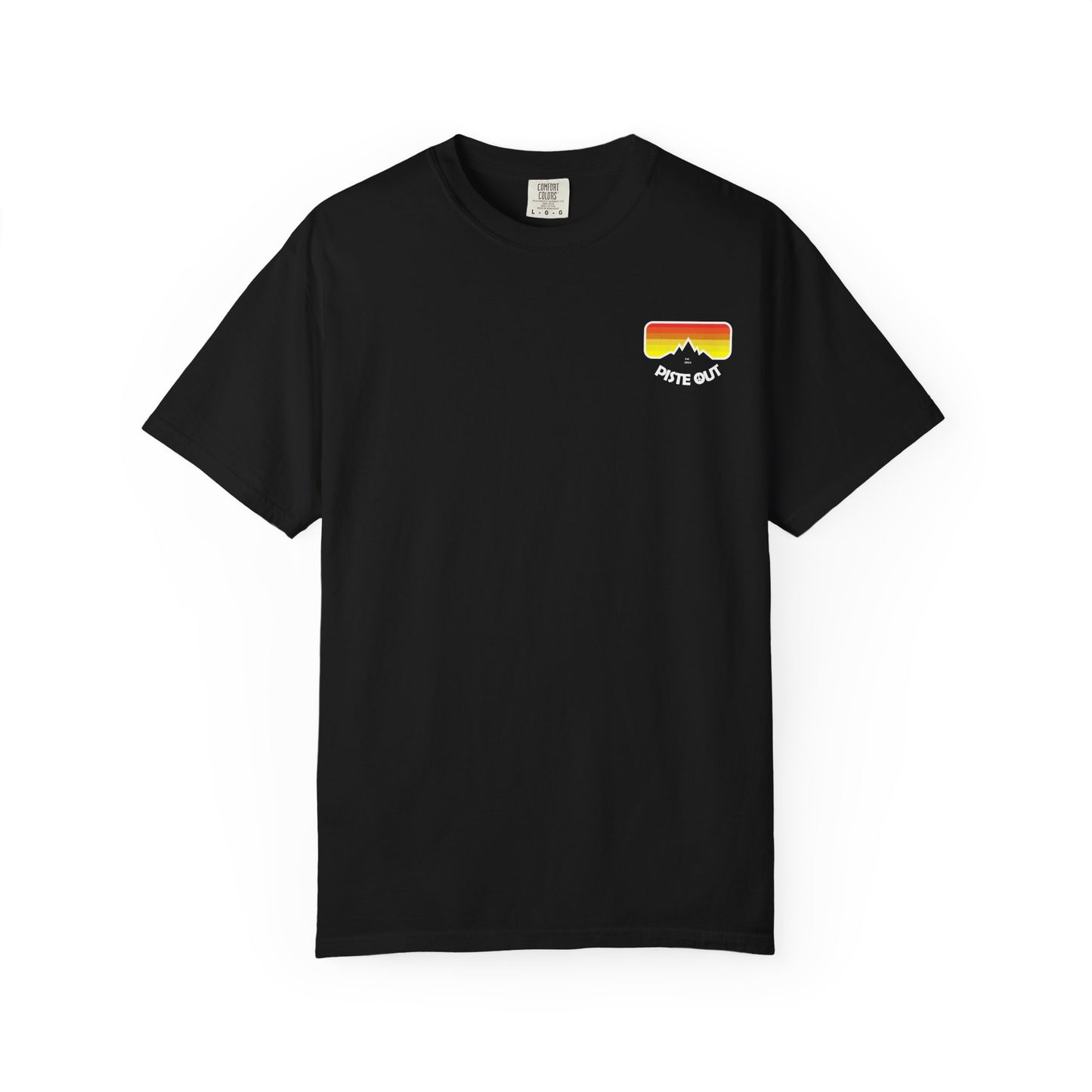 Front of black tee with retro chest logo