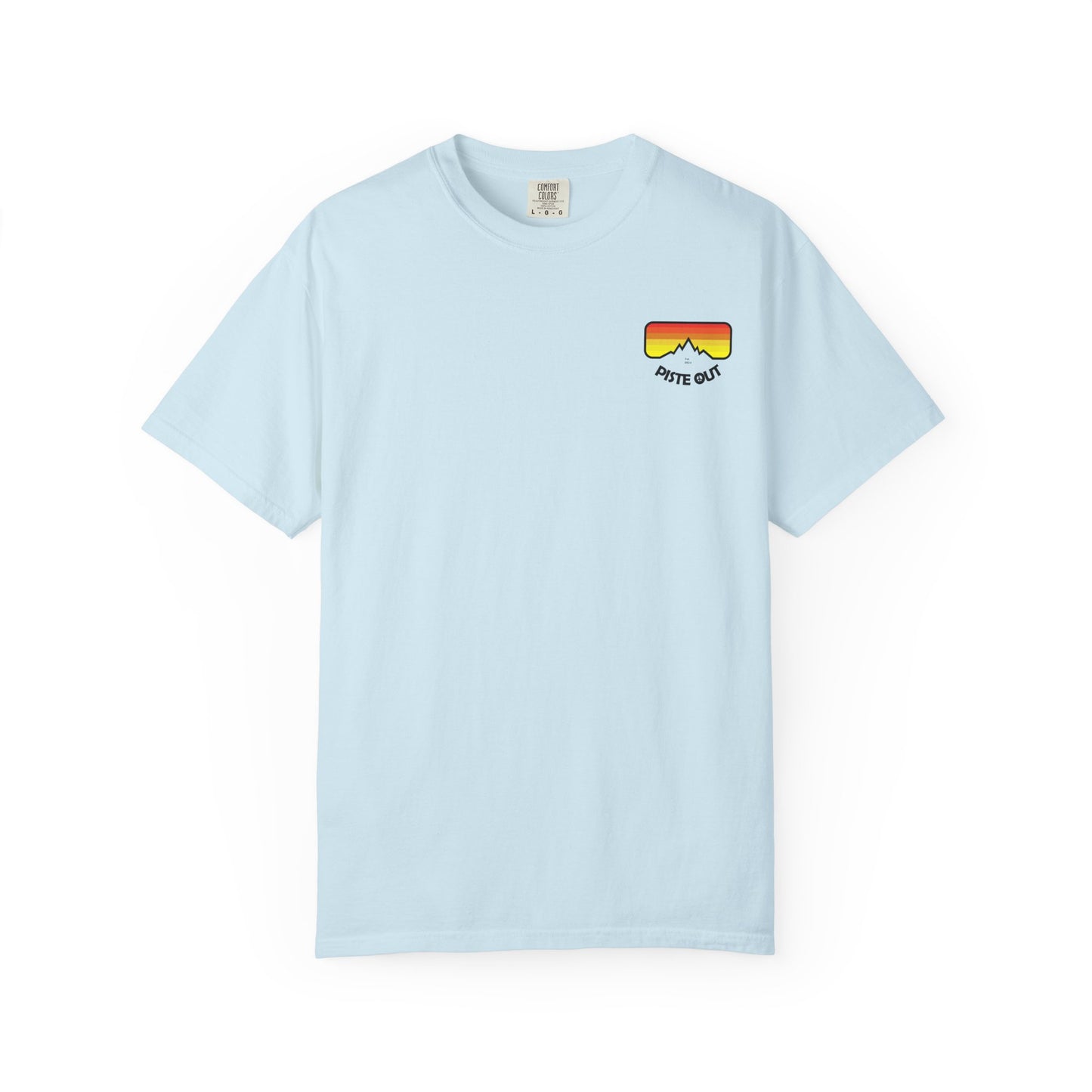 Front of light blue tee with retro chest logo