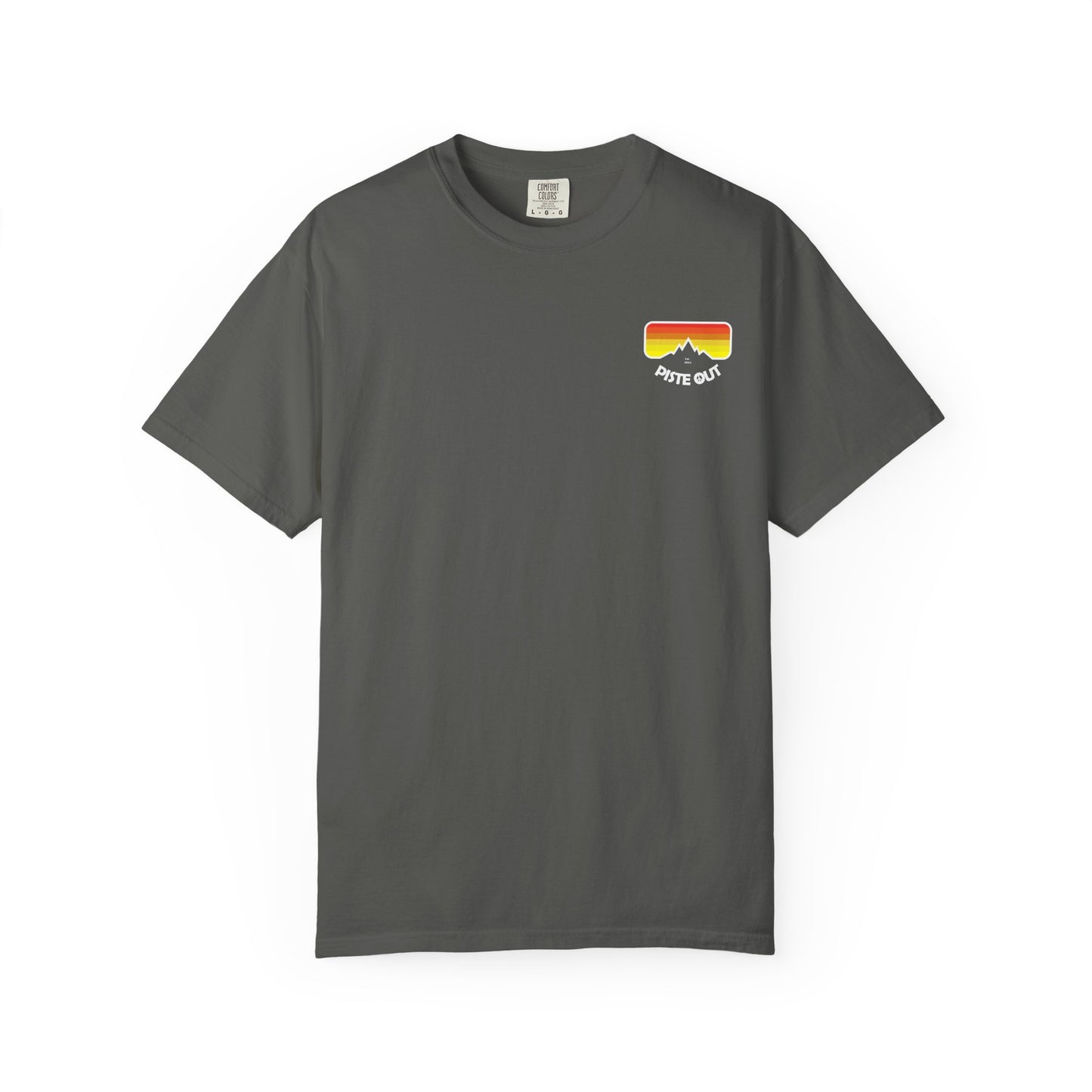 Front of charcoal tee with retro chest logo