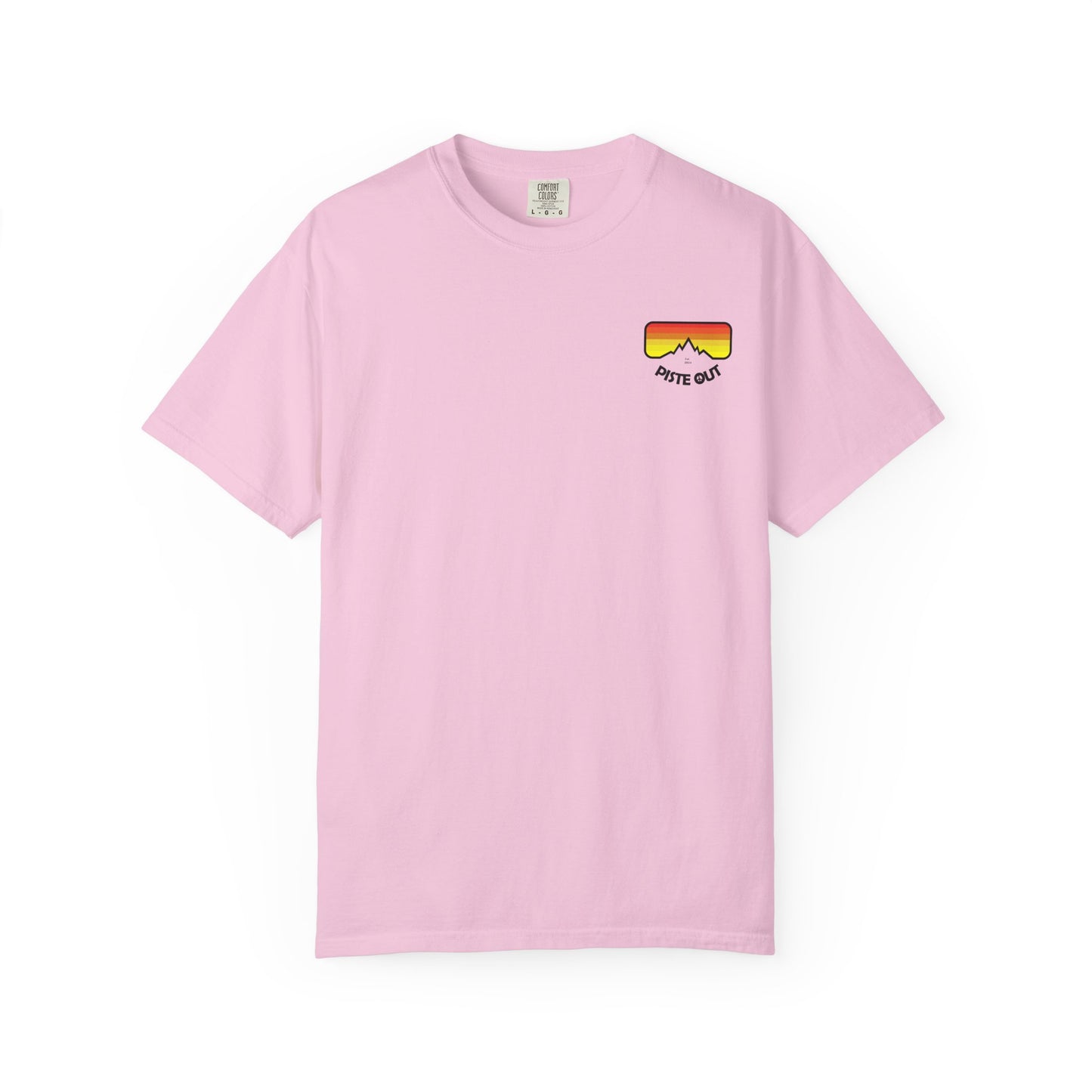Front of pink tee with retro chest logo