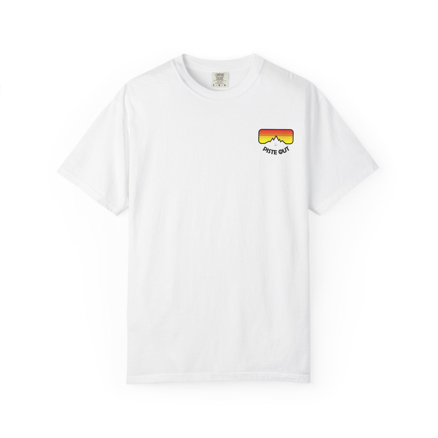 Front of white tee with retro goggle logo on chest