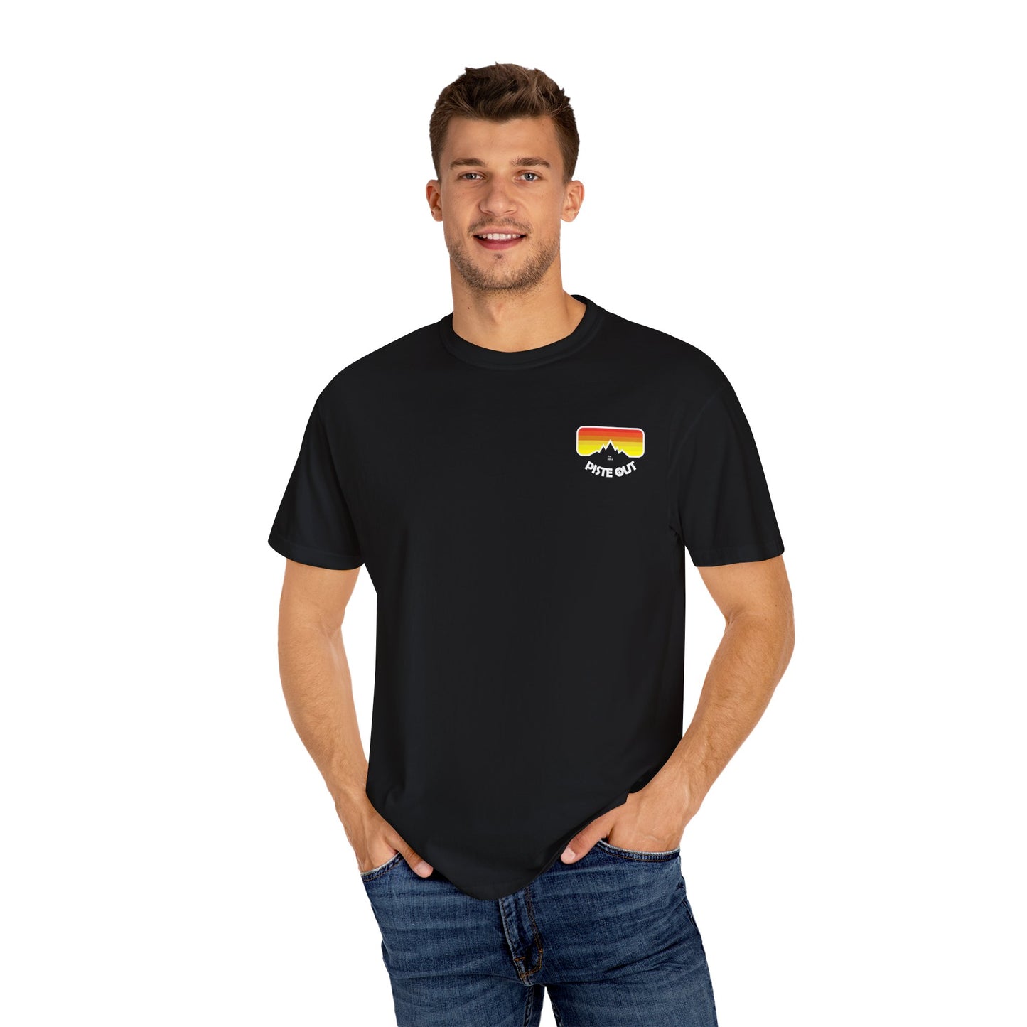 Model wearing black tee, front view showing retro chest logo
