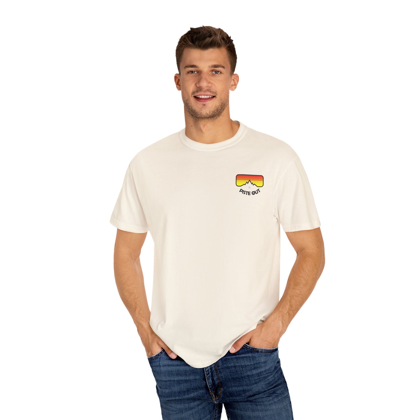 Model wearing cream tee, front view showing retro chest logo