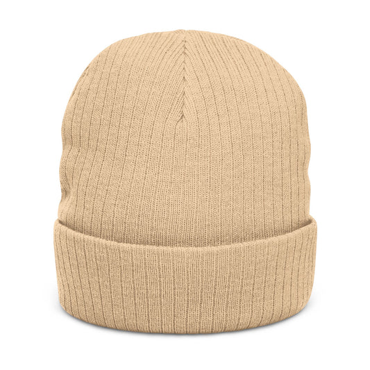 Back of beige ribbed beanie, no visible logo
