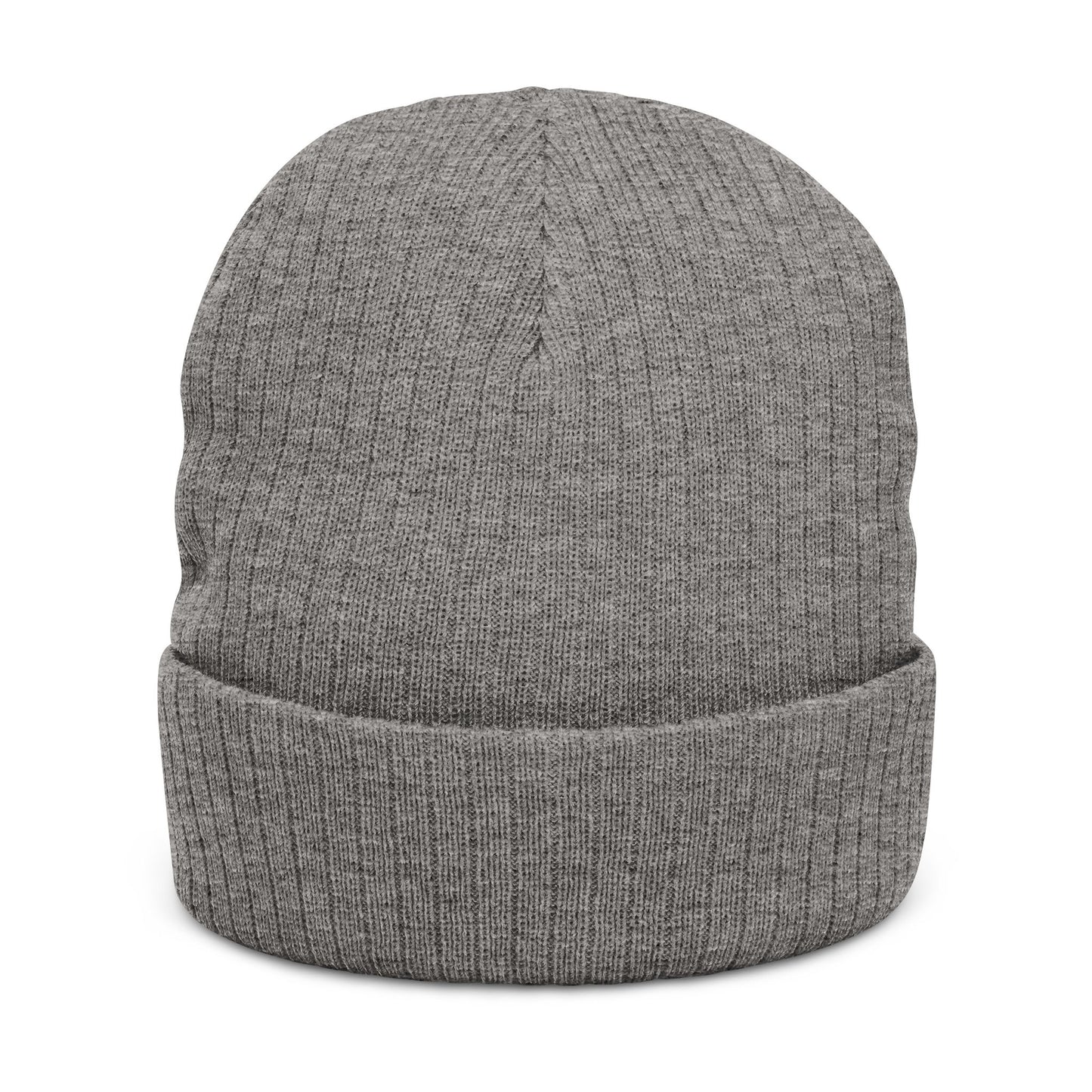 Back of heather gray ribbed beanie, no visible logo