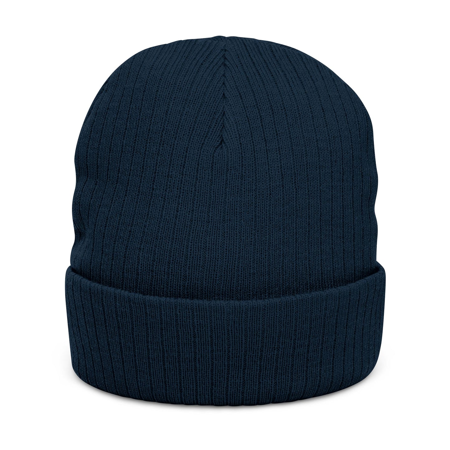 Back of navy blue ribbed beanie, no visible logo