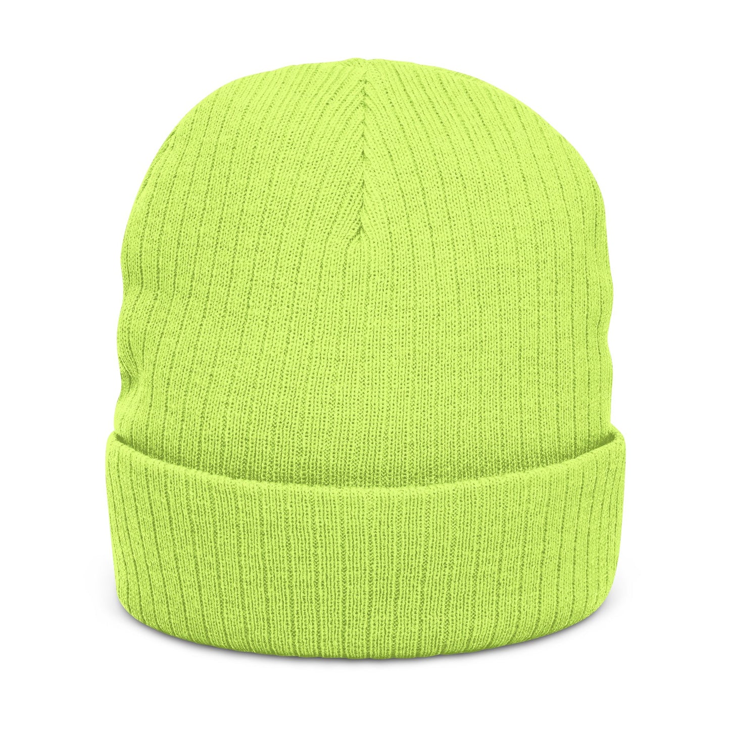 Back of neon green ribbed beanie, no visible logo