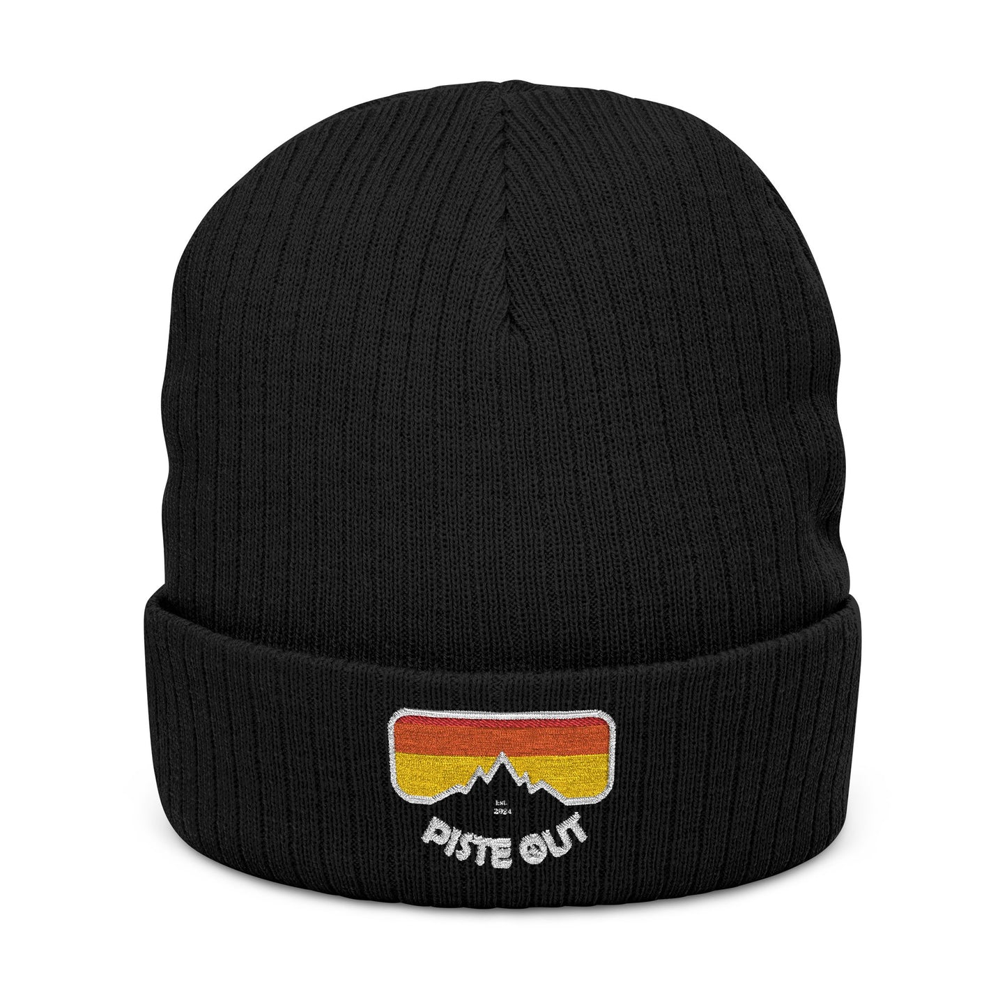 Front of black ribbed beanie with embroidered retro goggle logo patch