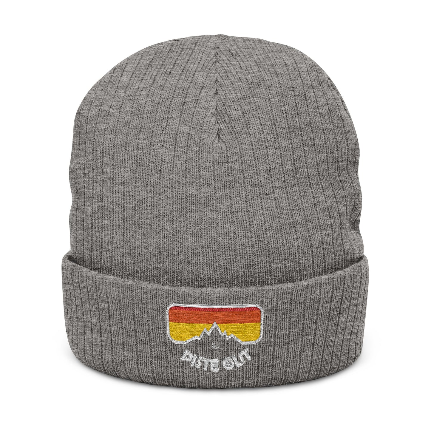 Front of heather gray ribbed beanie with embroidered retro goggle patch