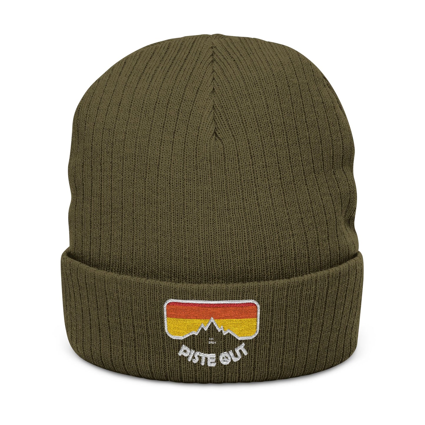 Front of olive green ribbed beanie with embroidered goggle logo patch