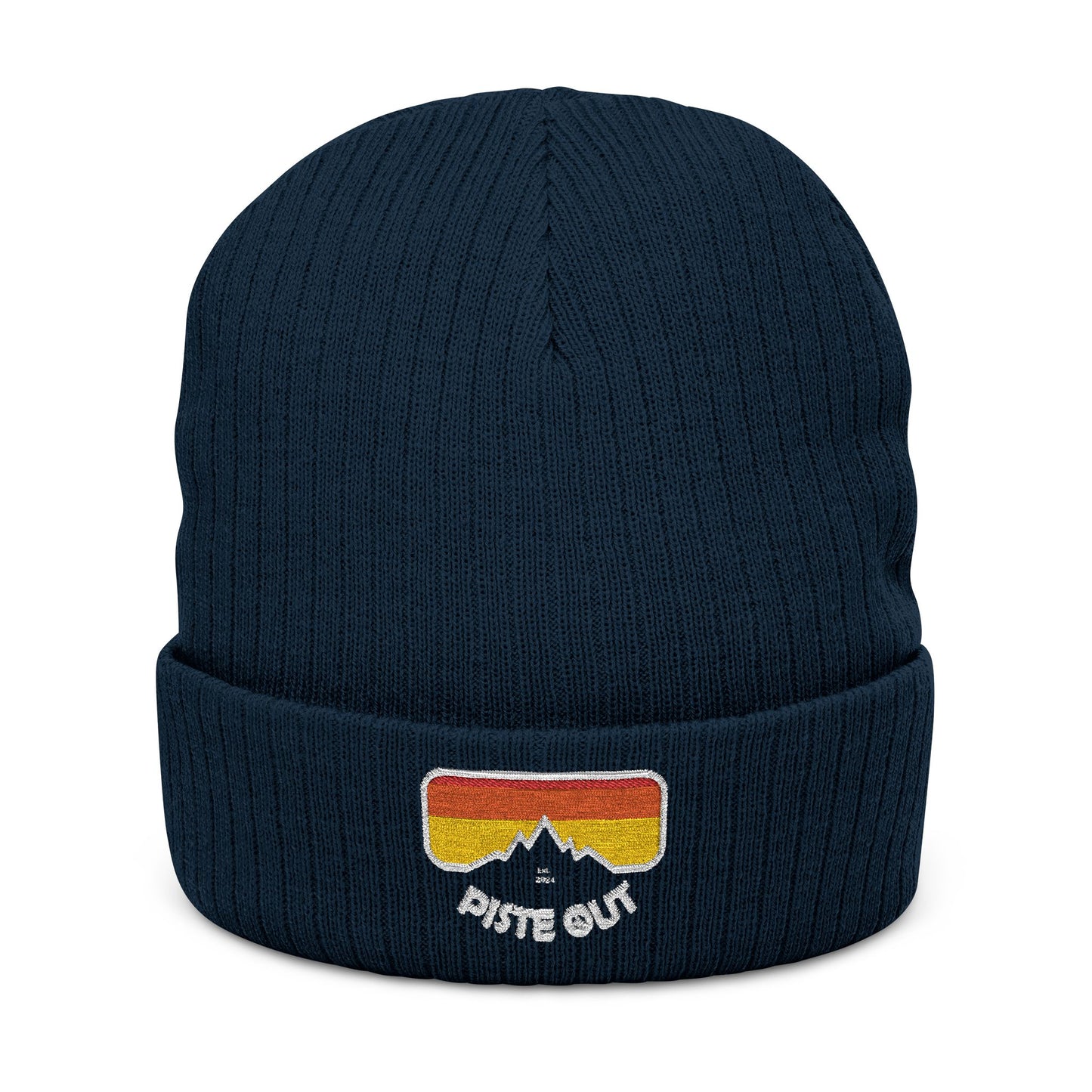 Front of navy blue ribbed beanie with embroidered retro goggle logo patch