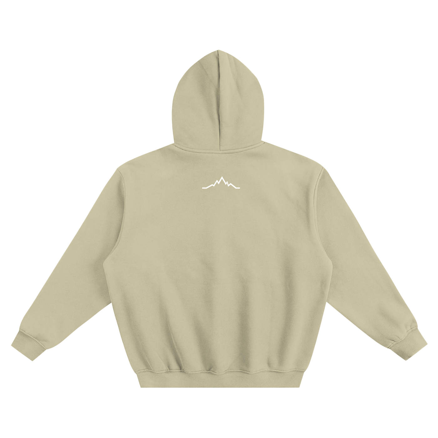 Front view of Gray Green Piste Out Logo Hoodie with retro ski goggle graphic (red–orange–yellow gradient) and white mountain silhouette.