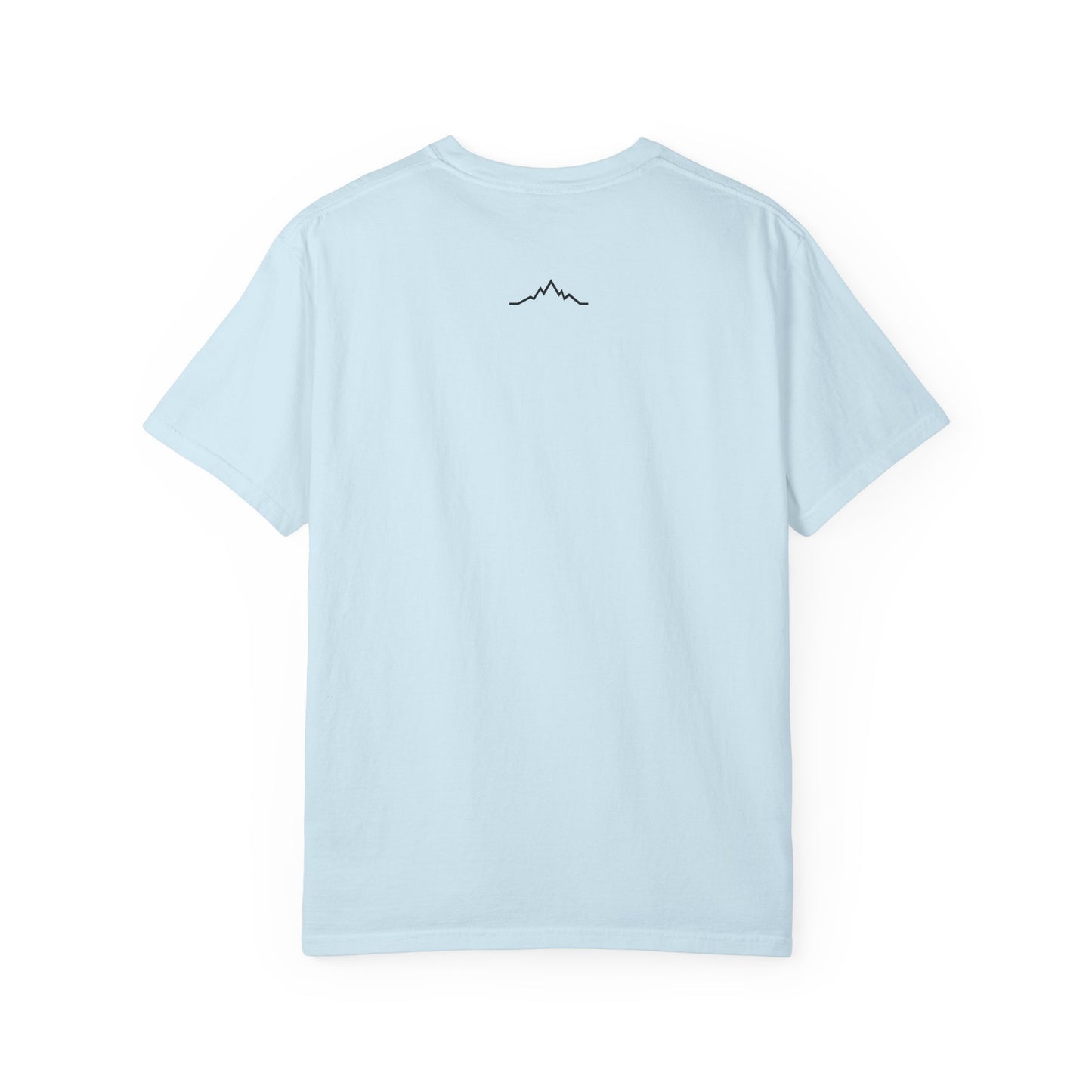 Back of light blue tee, with mountain lines logo centered under neck line