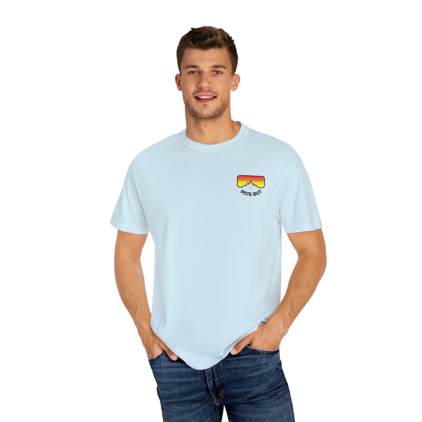 Model wearing light blue tee, front view showing retro goggle chest logo
