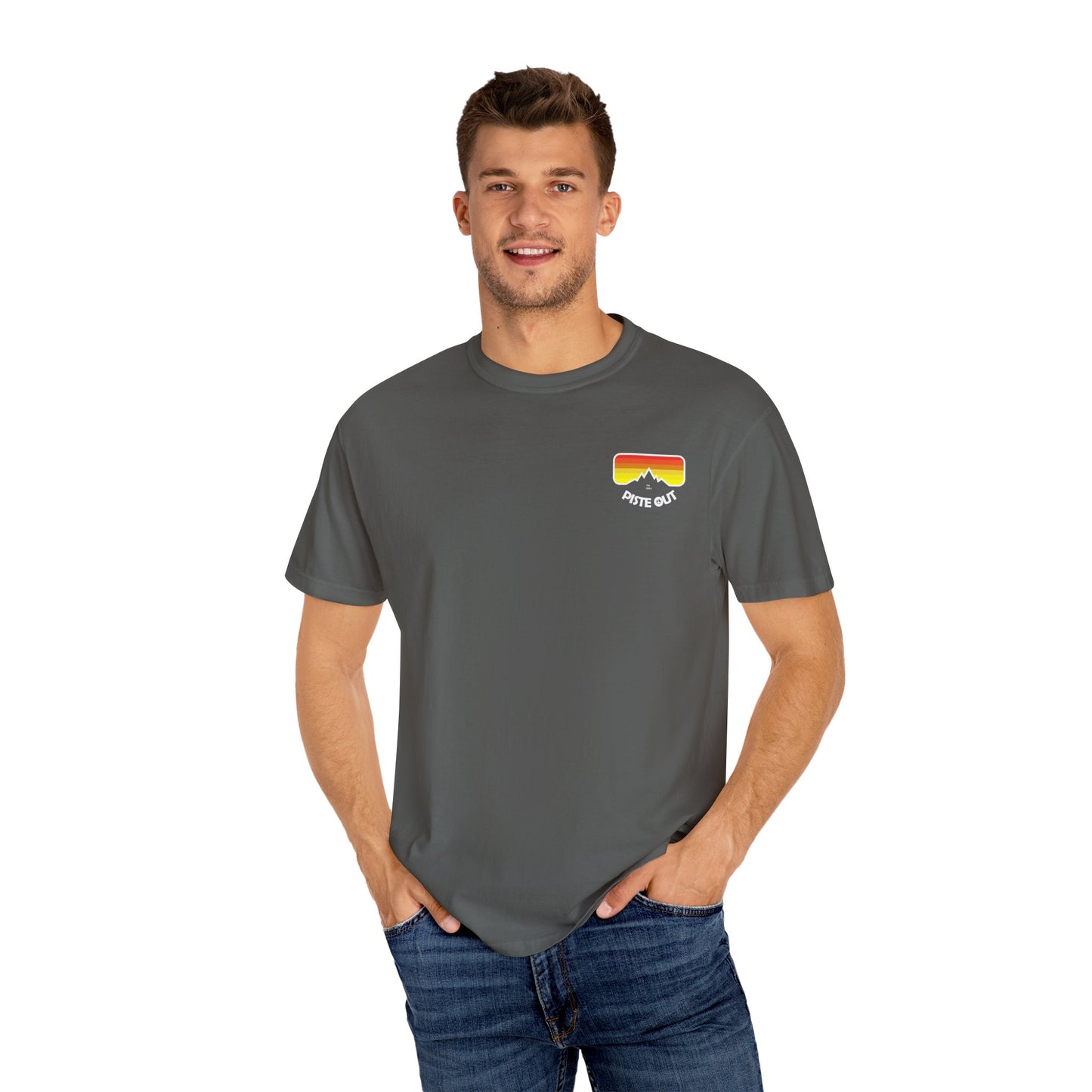 Model wearing dark grey tee, front view showing retro goggle chest logo