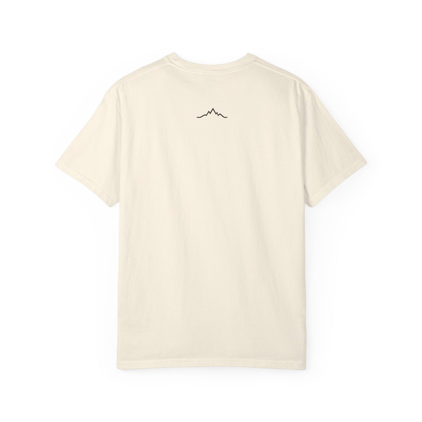Back of beige tee, with mountain lines logo centered under neck line