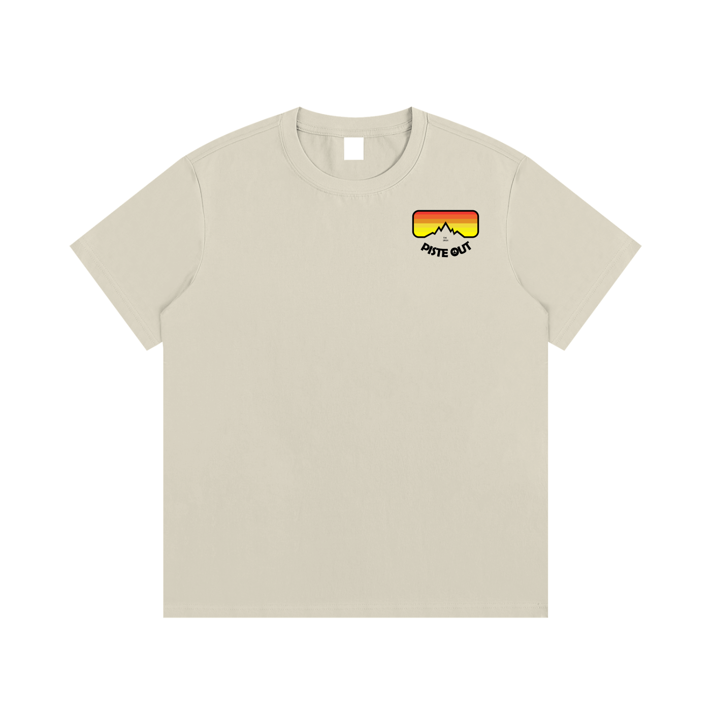 Front view of khaki Piste Out logo tee with small left-chest retro goggle logo in red, orange and yellow gradient.