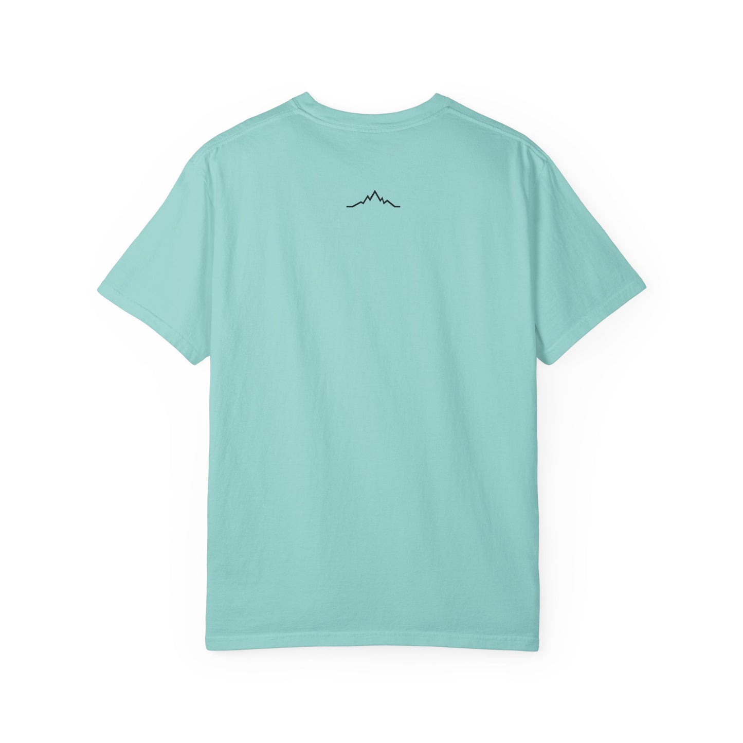 Back of coral blue tee, with mountain lines logo centered under neck line