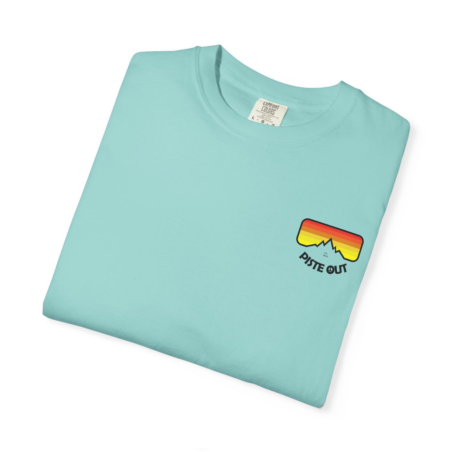 Coral blue tee folded, with retro goggle logo on front left chest