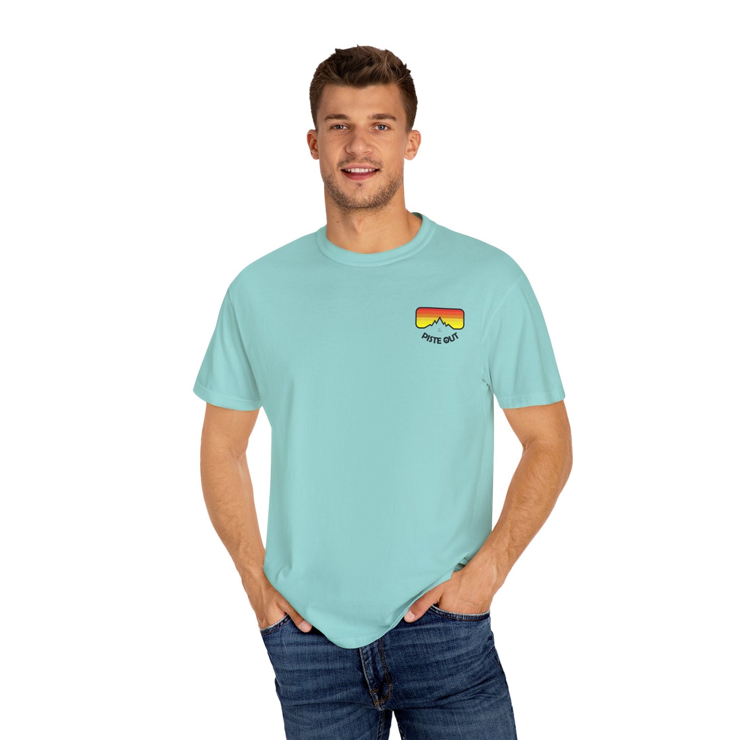 Model wearing coral blue tee, front view showing retro goggle chest logo