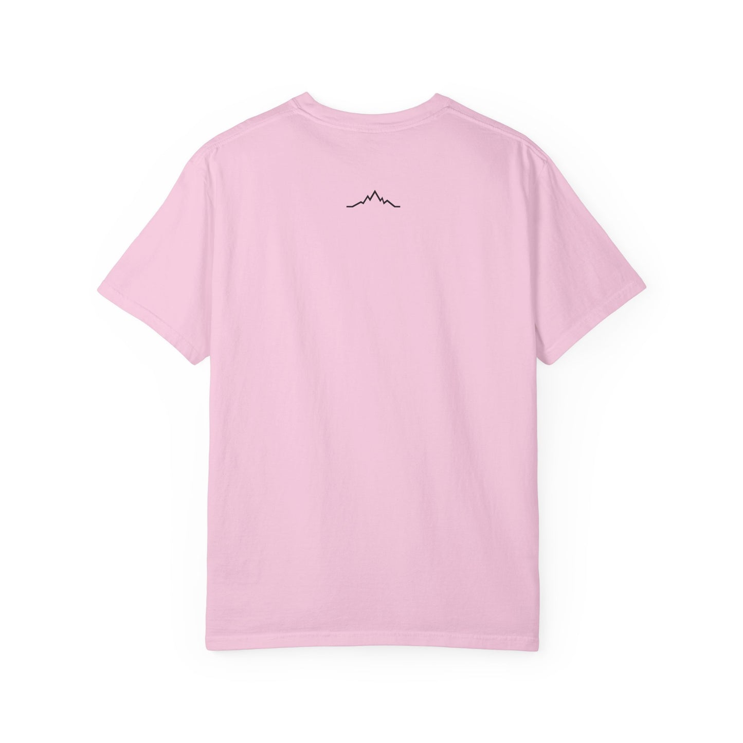 Back of pink tee, with mountain lines logo centered under neck line