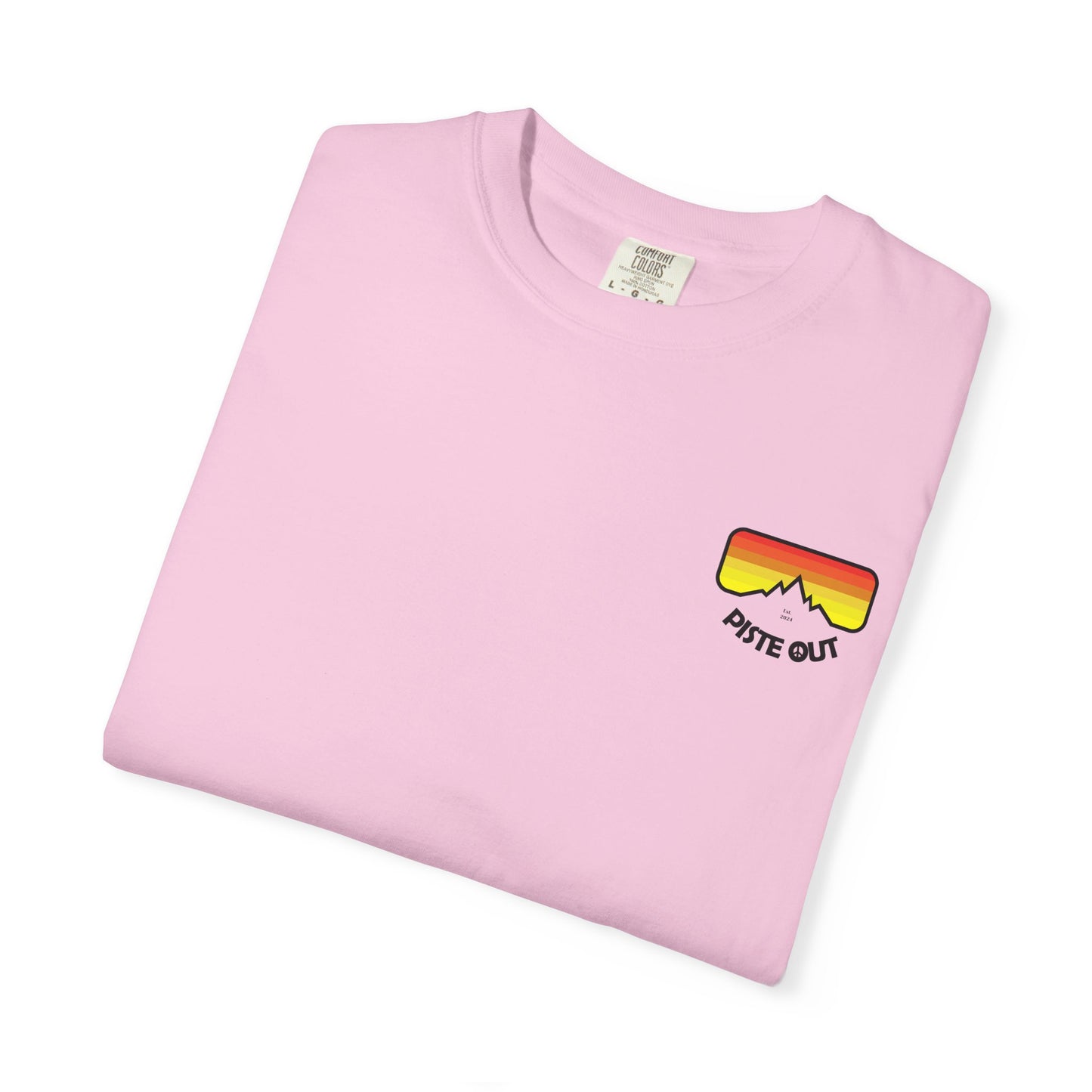 Pink tee folded, with retro goggle logo on front left chest