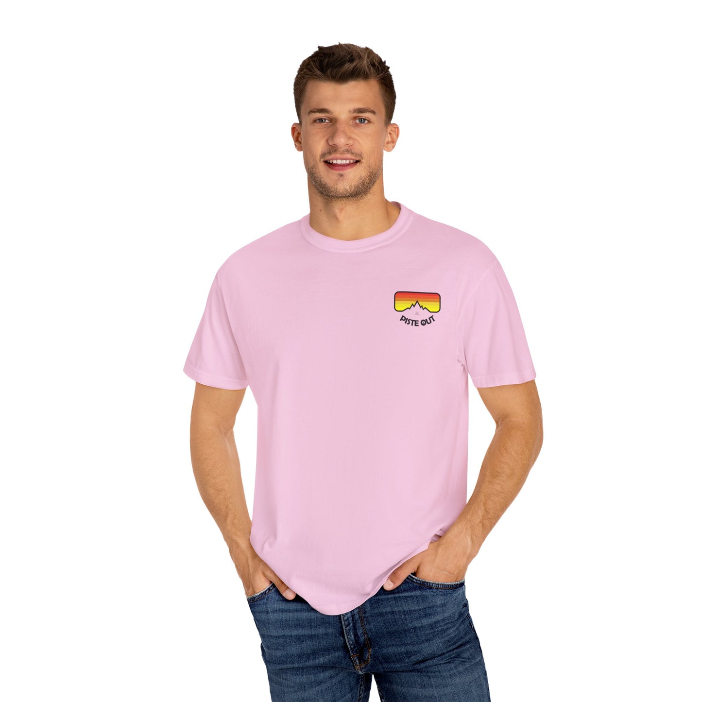 Model wearing pink tee, front view showing retro goggle chest logo