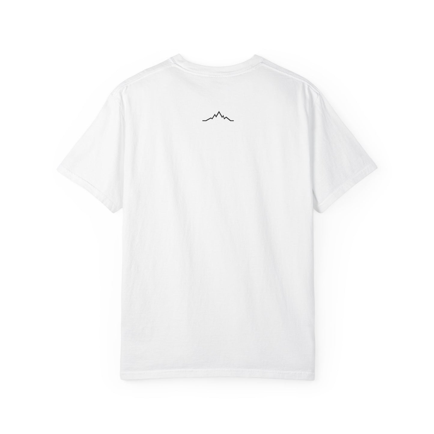 Back of white tee, with mountain lines logo centered under neck line