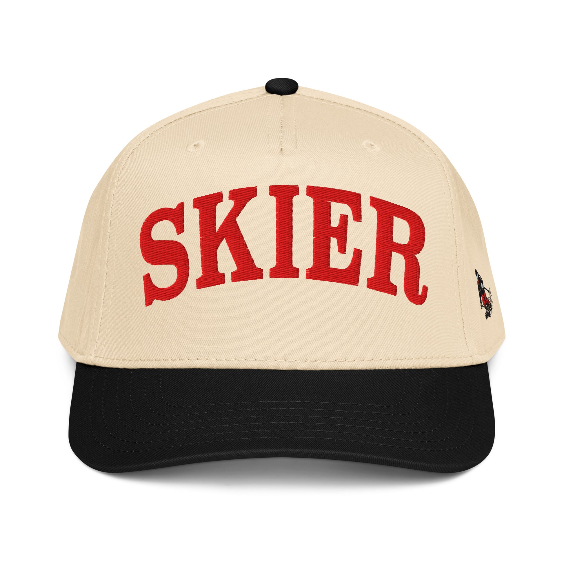 Product mockupSkier Cap in Black Diamond with red arched embroidery and vintage skier side panel graphic, side view