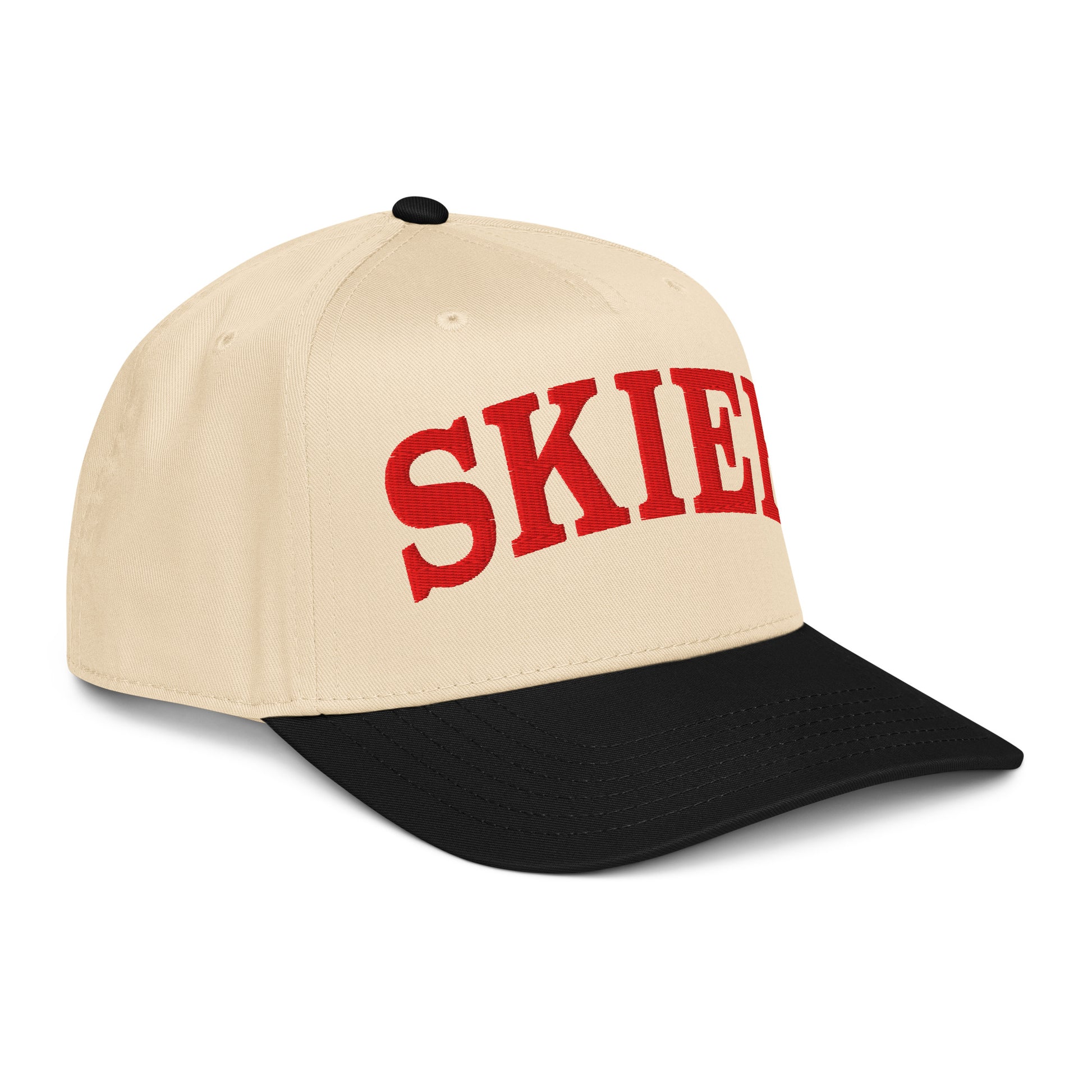 Skier Cap in Black Diamond with red arched SKIER embroidery, close side view