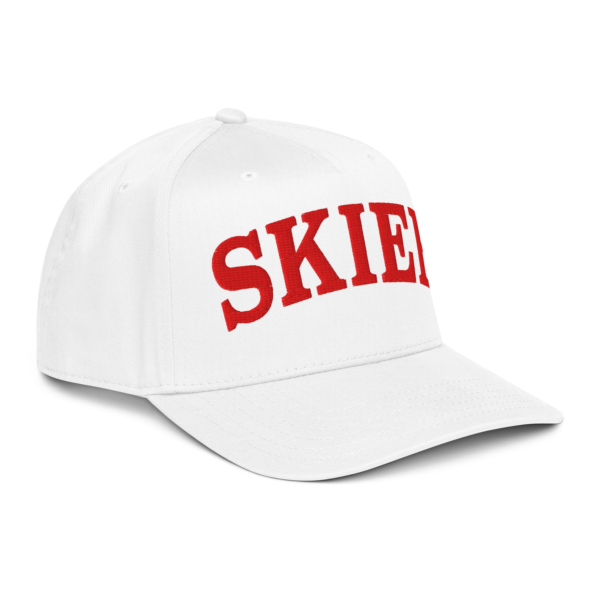 Skier Cap in Snow with red arched SKIER embroidery, side view