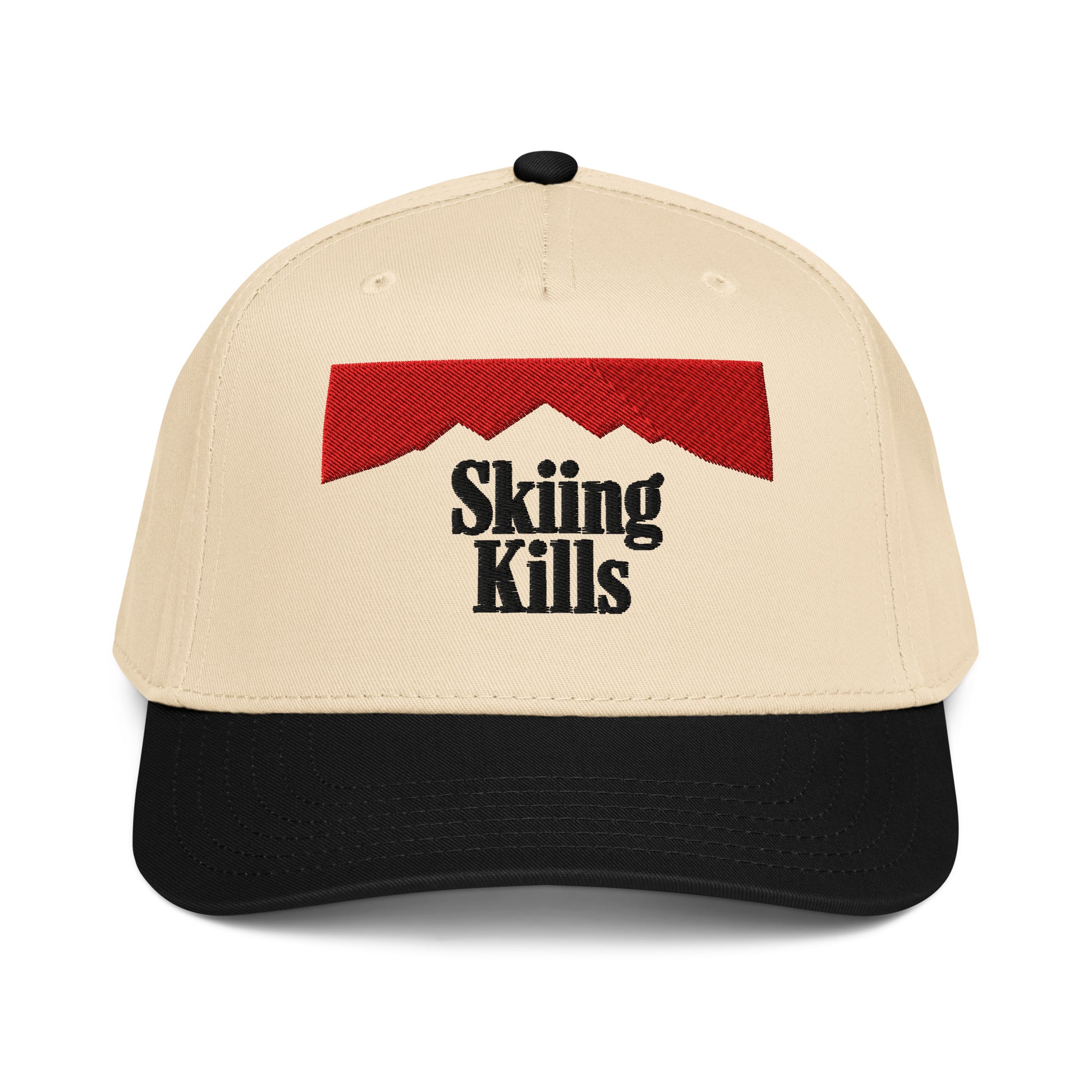 Skiing Kills Hat in Black Diamond with 3D puff embroidery, angled front view.